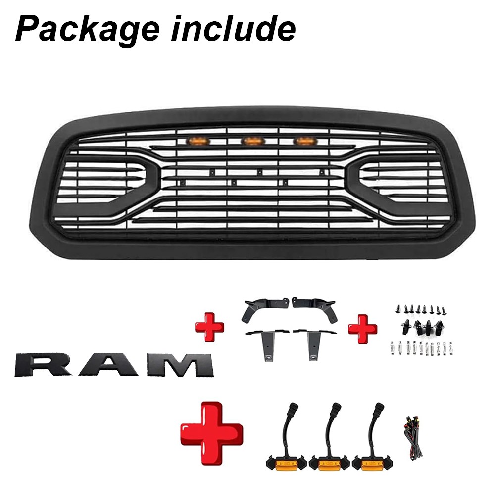 Front Grille For 2013-2018 Dodge Ram 1500 Upper Grill Matte Black W/Letter W/LED