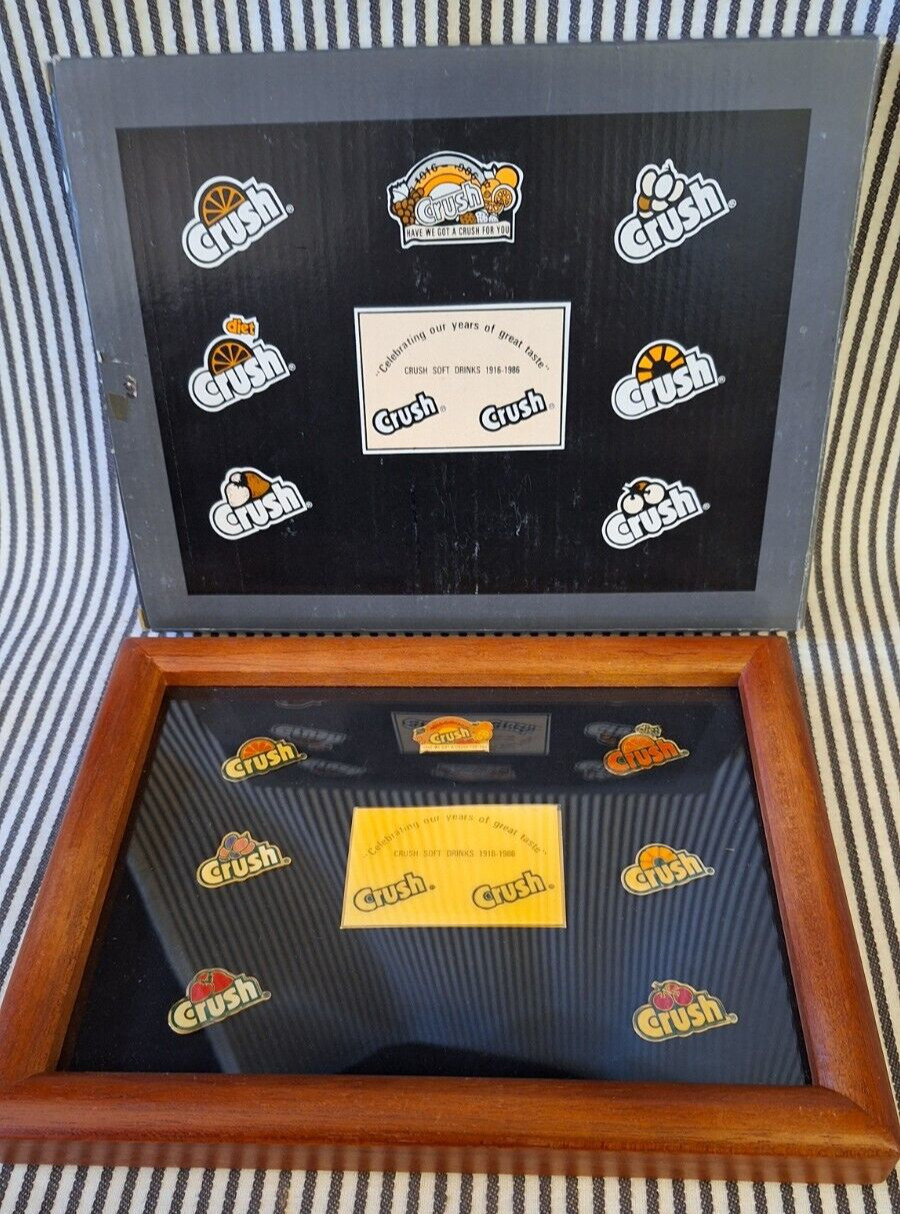 NIB VTG FRAMED ORANGE CRUSH 7 LAPEL PIN SET 1916-1986 70 YEARS SOFT DRINKS SODAS