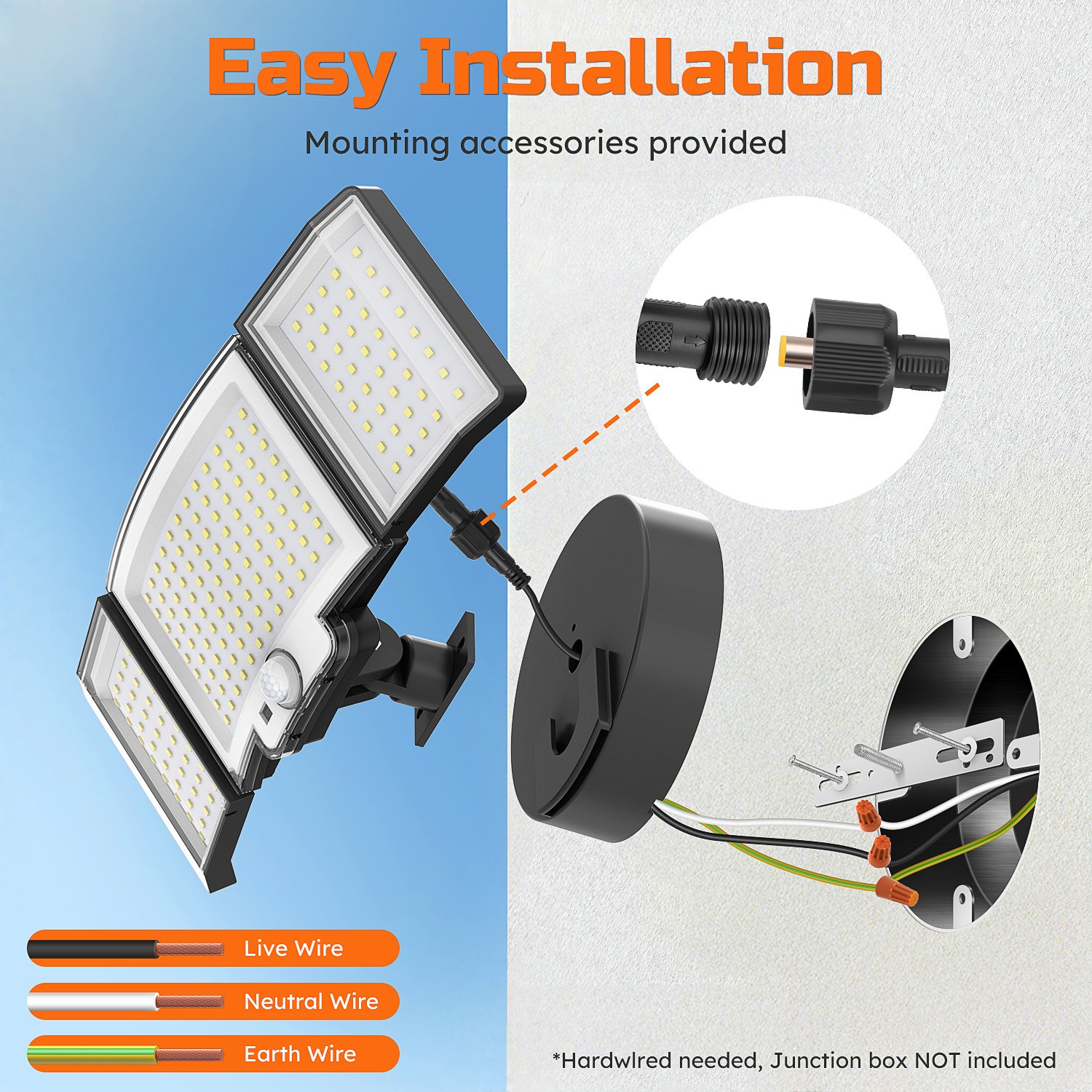 188LED Security Light Motion Sensor Outdoor 3 Head 3 Modes Floodlight Waterproof