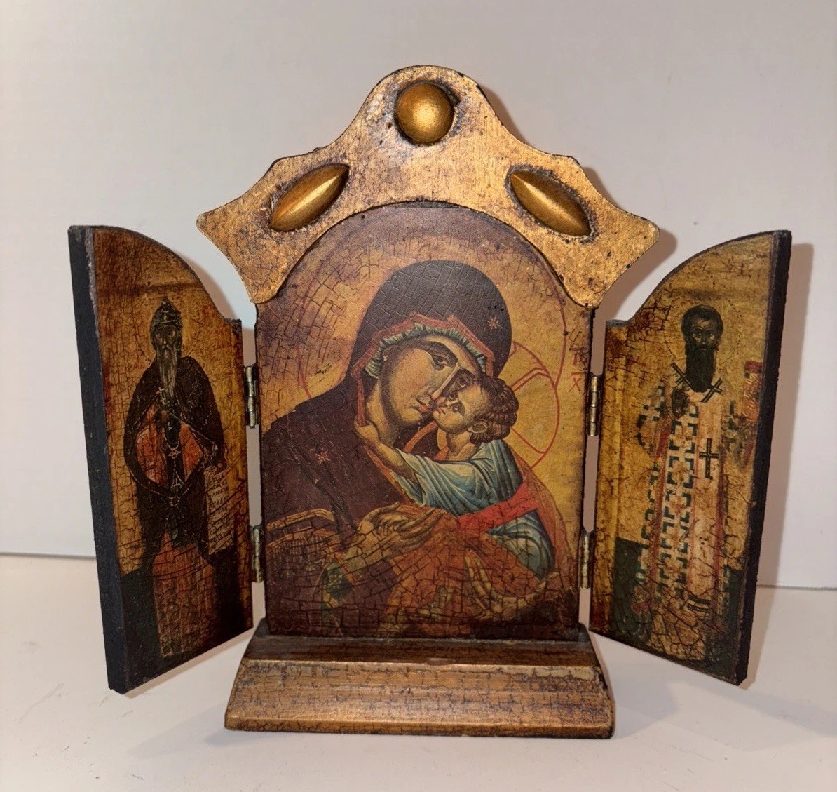 Religious Florentine Triptych Wood Plaque Gold Gilt Icon Relic Print