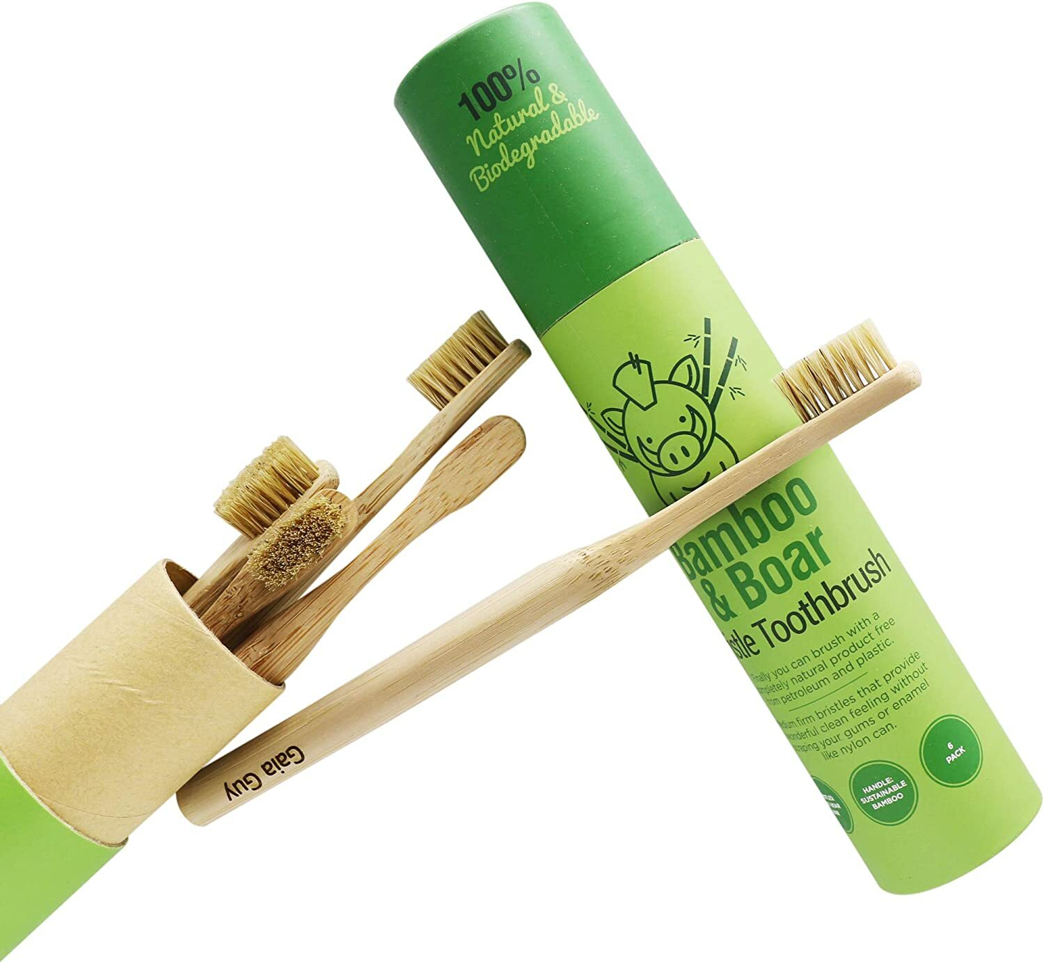 Gaia Guy - Natural Bristle Bamboo Toothbrush - Totally Biodegradable - 6-Pack