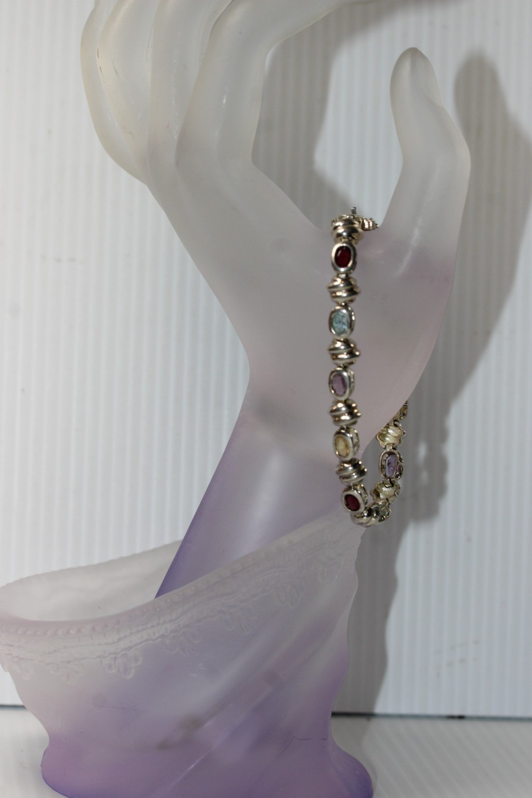 FAS Bracelet Multi Gemstone Tennis Vintage Sterling Silver 7" Chain #0085