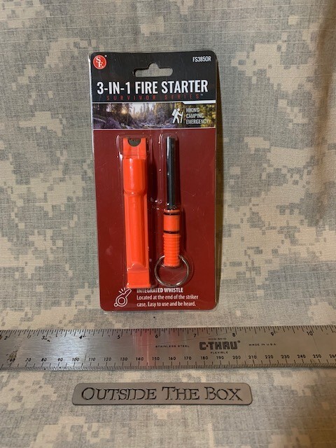Emergency/Survival: 3-in-1 Fire Starter, Ferro Rod, Striker, Whistle - Key Ring