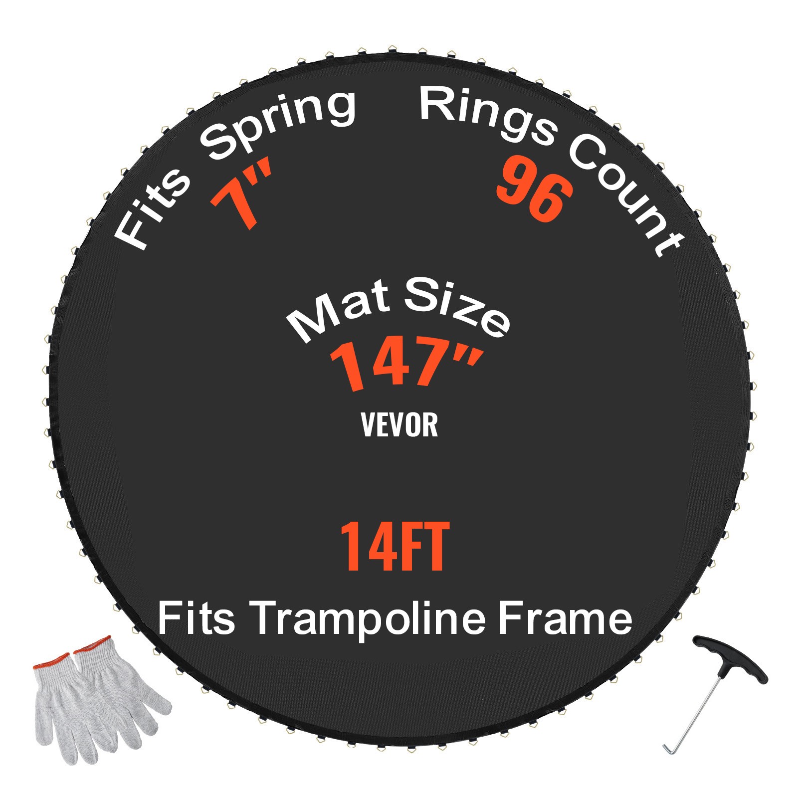 VEVOR Replacement Trampoline Mat Fits 14ft Frame 96 V-Rings 7" Spring Length