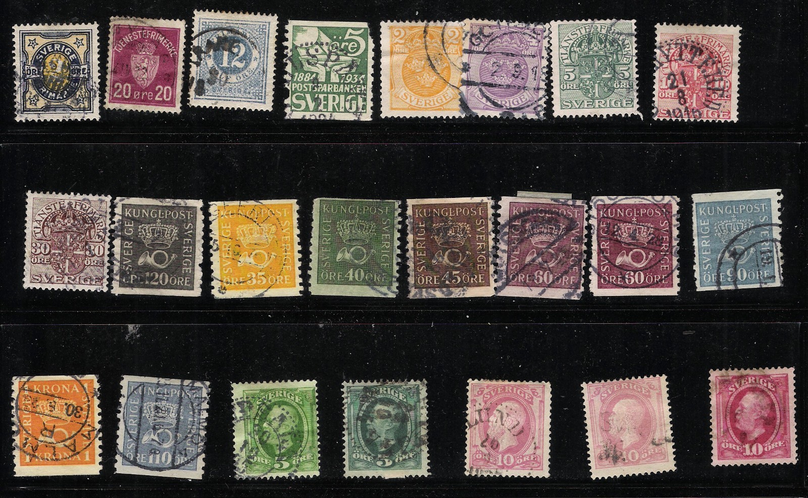 Sweden 1872 - 1939, Scott's #22 - #O53, 89 Stamps, 2 Pages, 4 Views, Cat$75+
