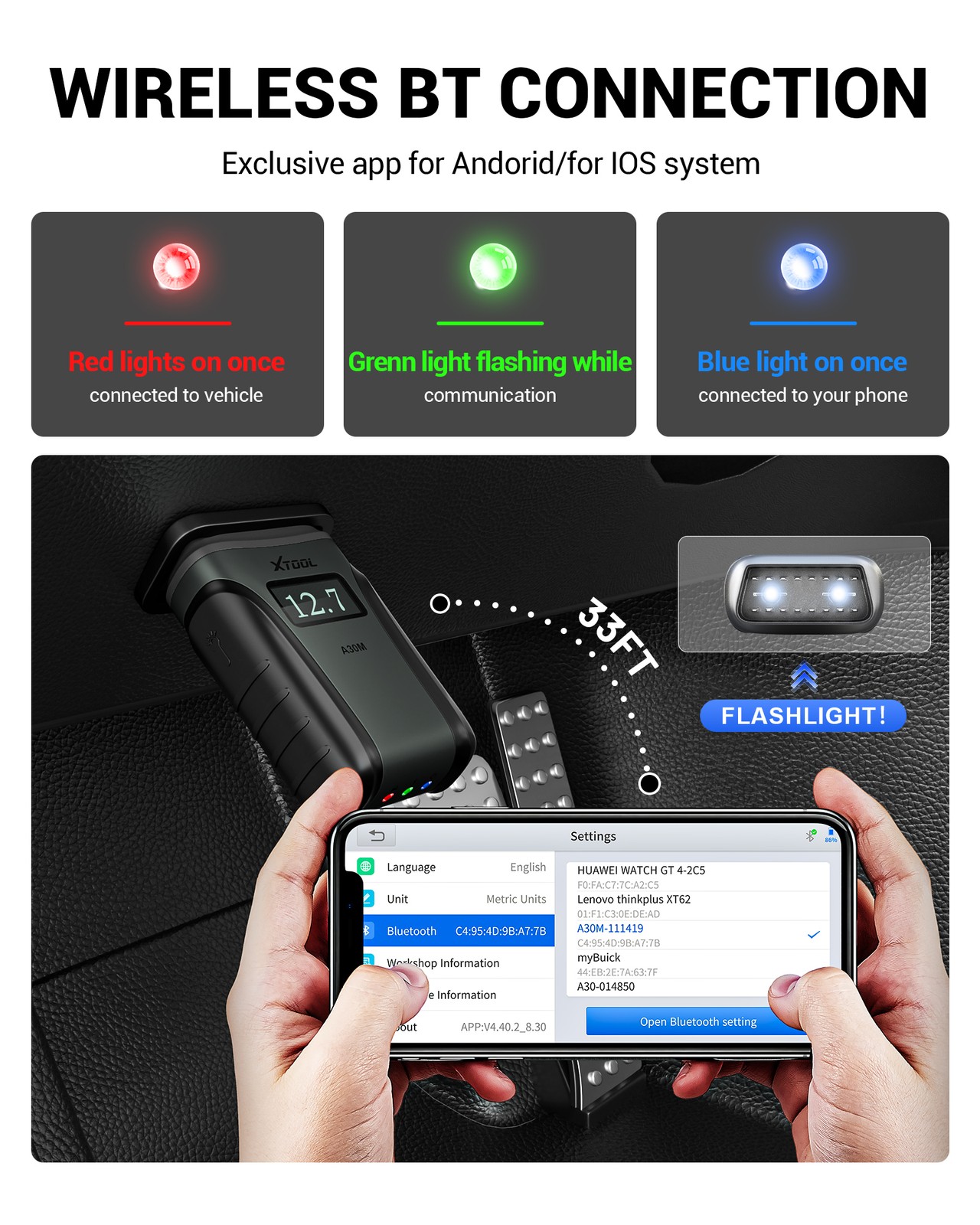 XTOOL A30M V2.0 Kit Bluetooth Full System Diagnostic Tool Bidirectional Scanner