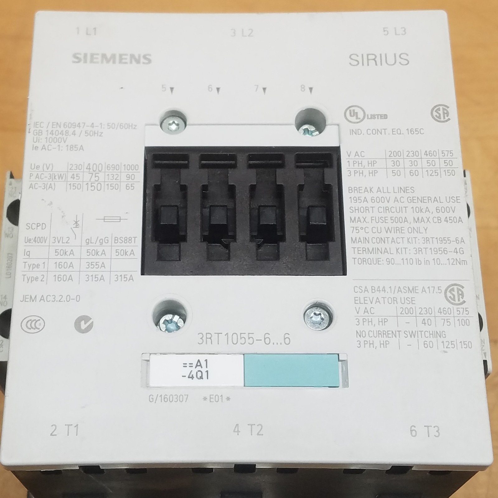 Siemens 3RT1055-6AB36 Contactor, 195A, 600V AC - USED