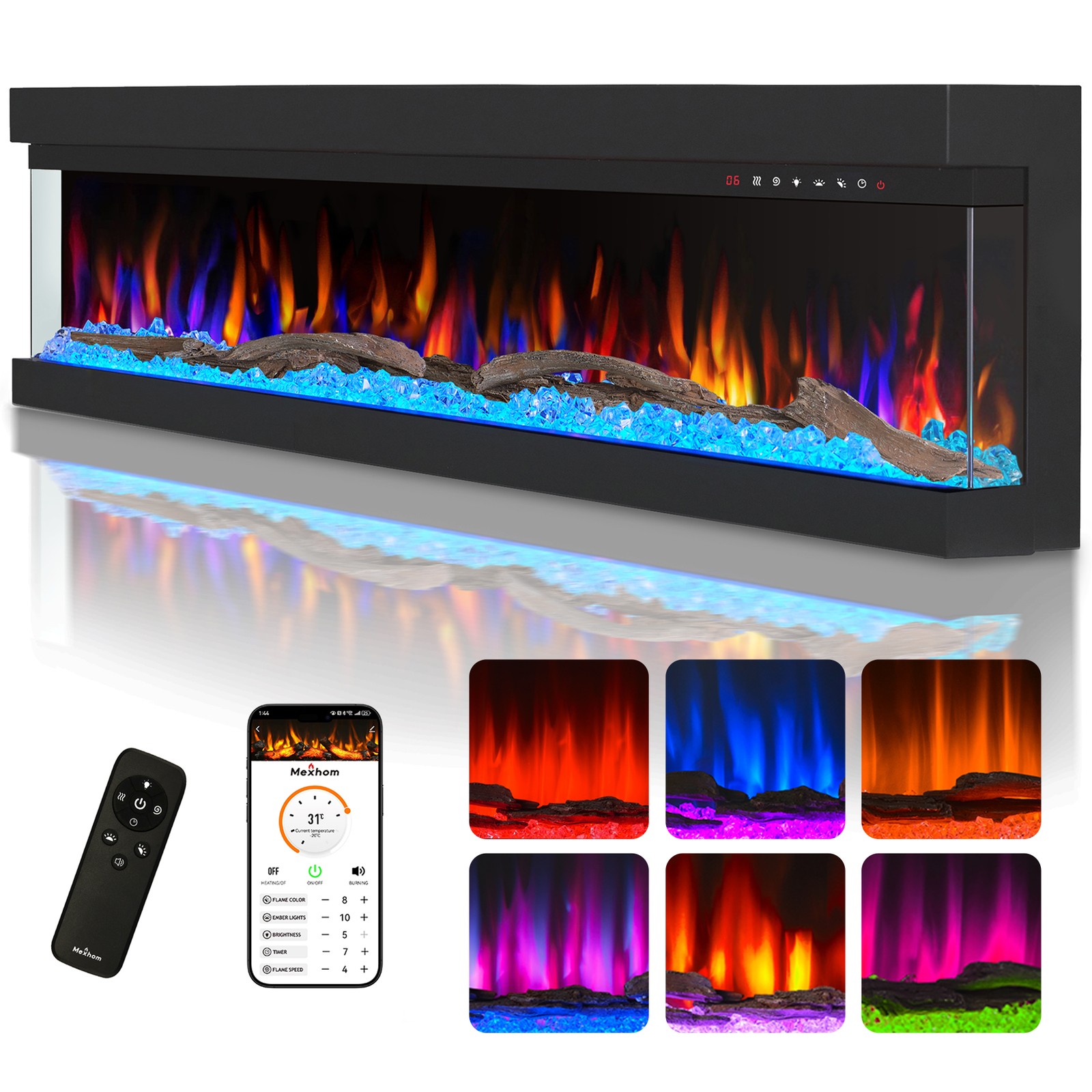 3 Sided Glass Built-in Electric Fireplace,Multi-Color Flames