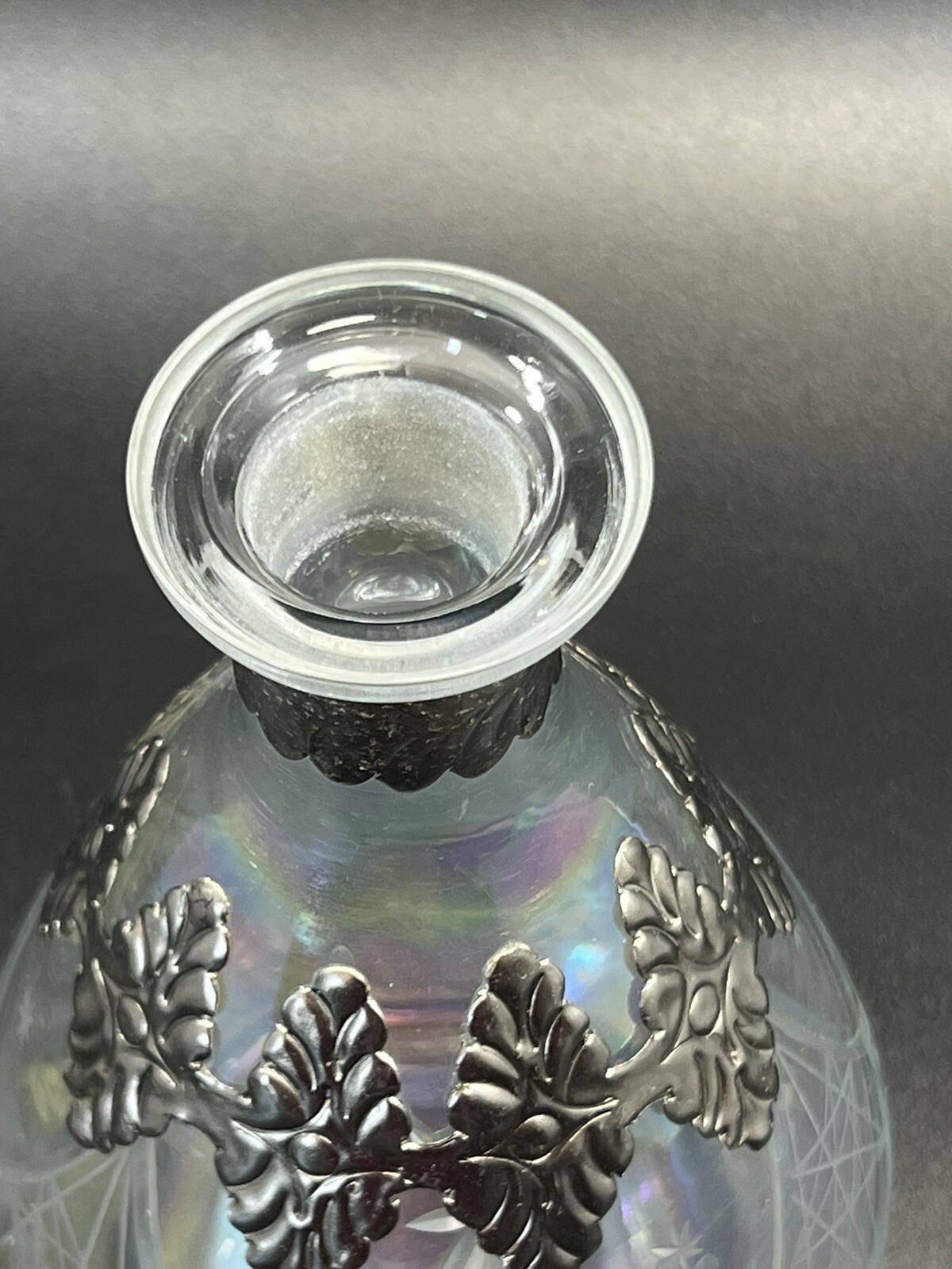 Vintage Ornate Silver Overlay Art Nouveau Deco Etched Clear Glass Decanter 10" T