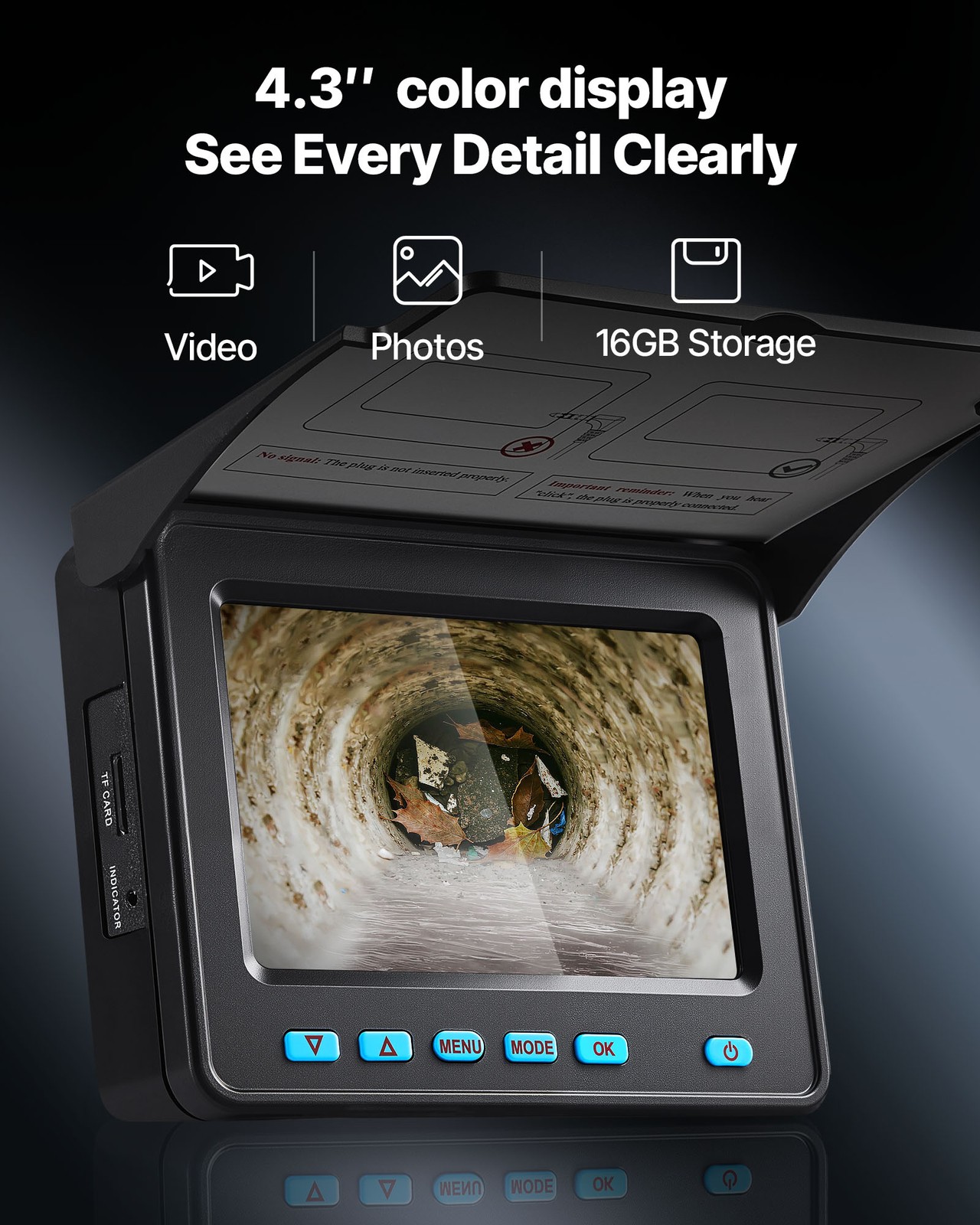 VEVOR Sewer Camera 98ft 4.3-inch Drain Inspection Camera IP68 Waterproof 6 LEDS