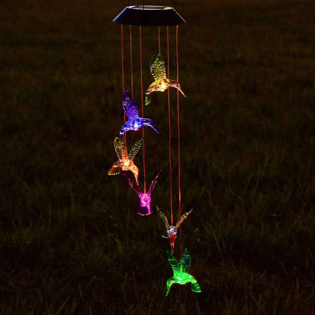 LED Color-Changing Solar Powered Hummingbird Wind Chime Lights Yard Garden Decor