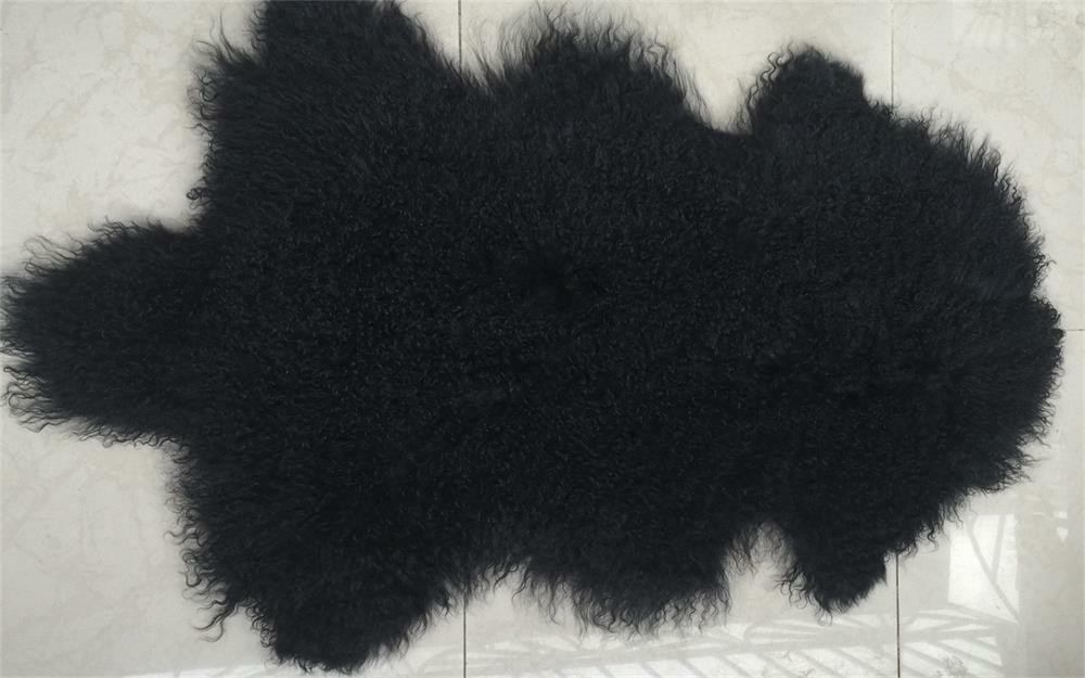 BLACK MONGOLIAN TIBETAN SHEEPSKIN RUG THROW LAMBSKIN FUR HIDE PELT CURLY HAIR
