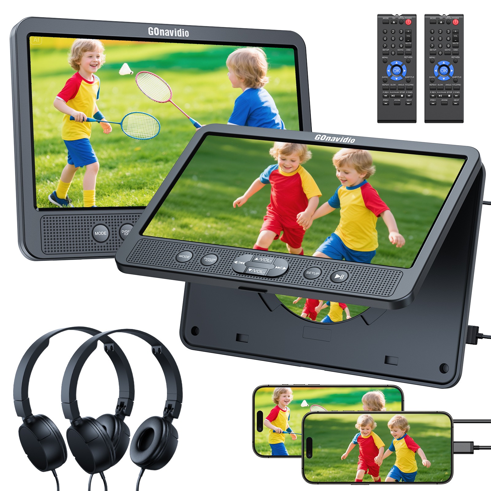 2x 10.5” Screen HD Car Headrest Monitor DVD Player for Kids USB HDMI w/ Headset