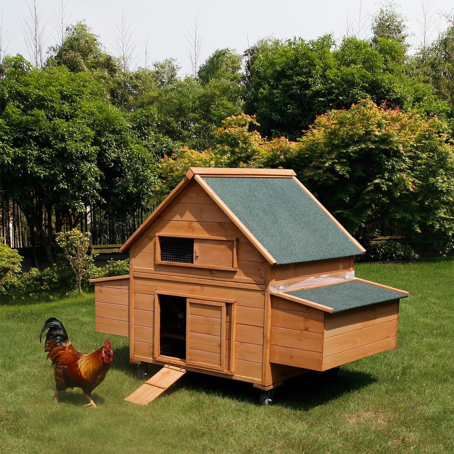 Wooden Chicken Coop Mobile Hen House Poultry cage w/Wheels&Two Nest Boxes Yard
