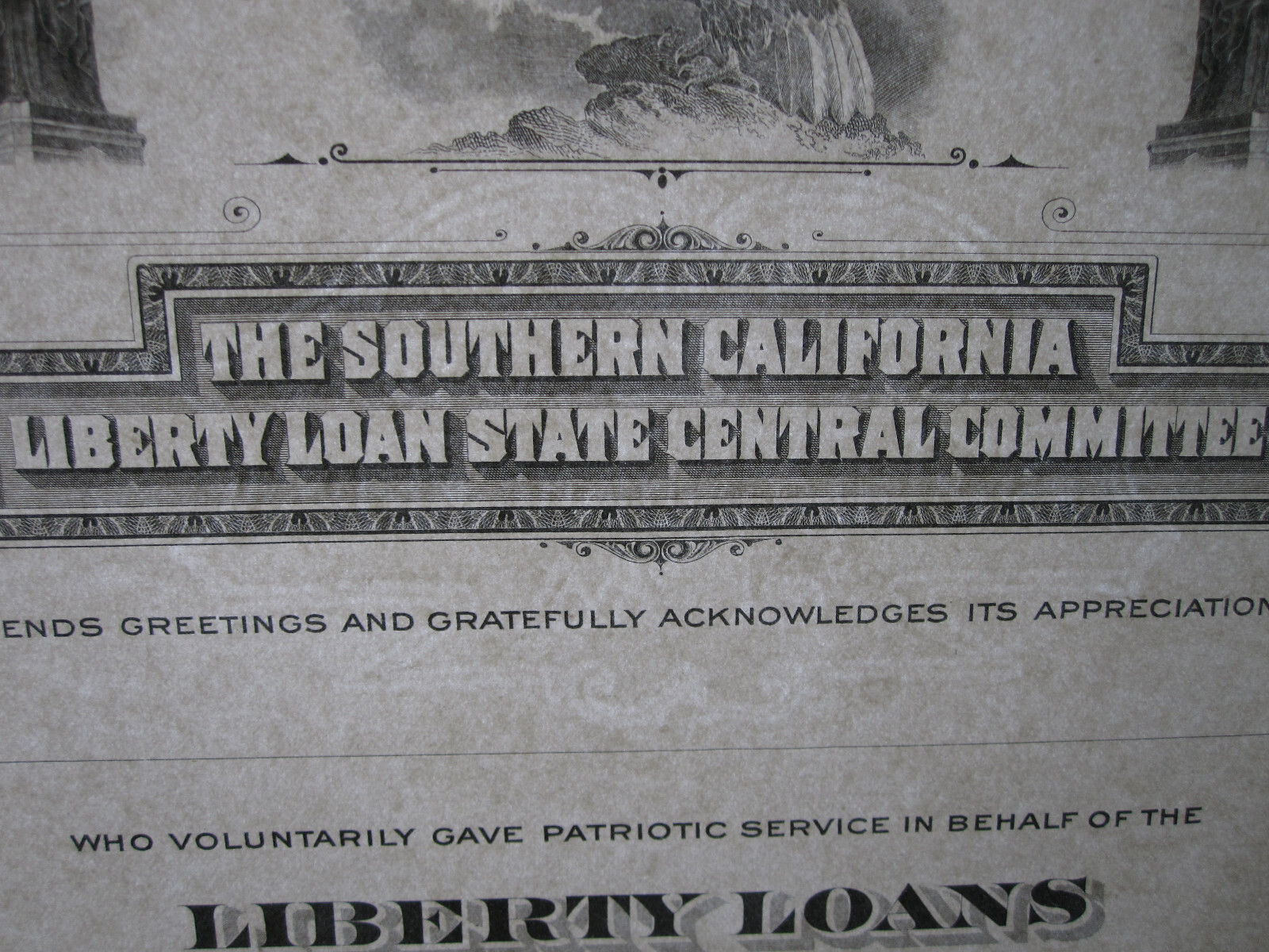 vTg 1918 WW1 Liberty Loan Committee 12th Federal Reserve District Calif certif