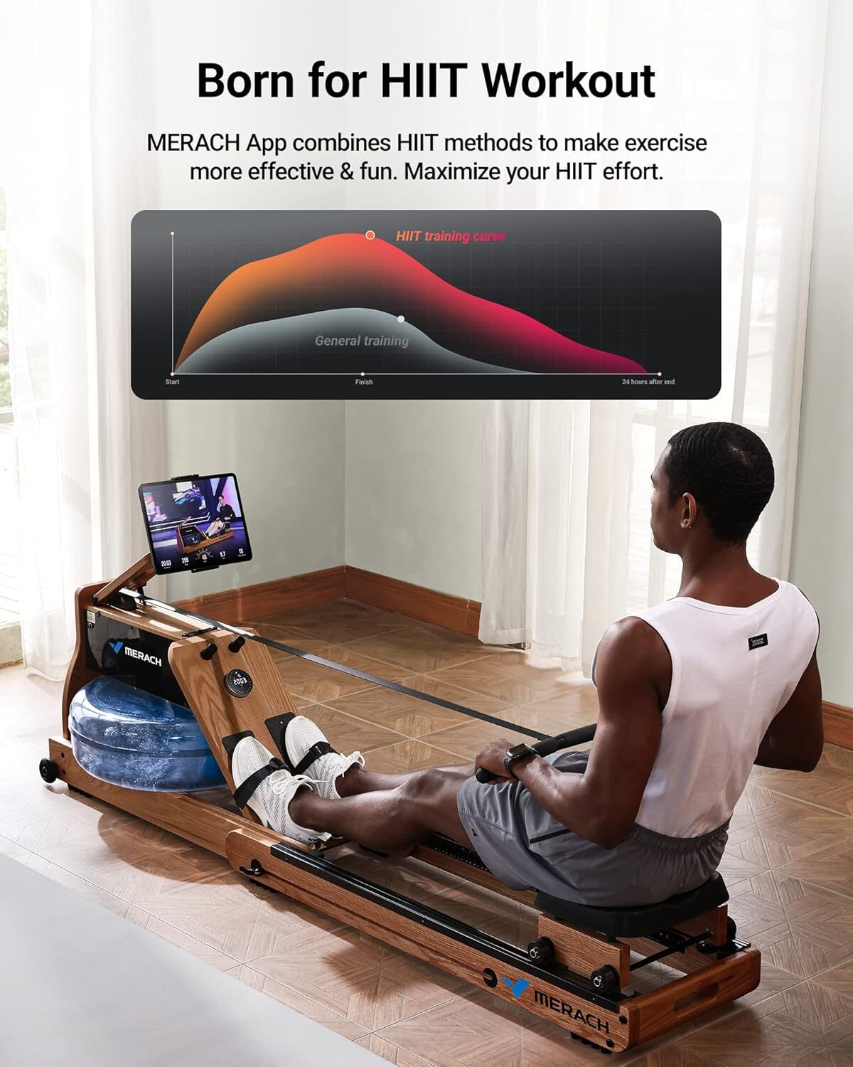 MERACH 950 Foldable Wooden Workout Rowing Machine Water Electromagnetic for Home