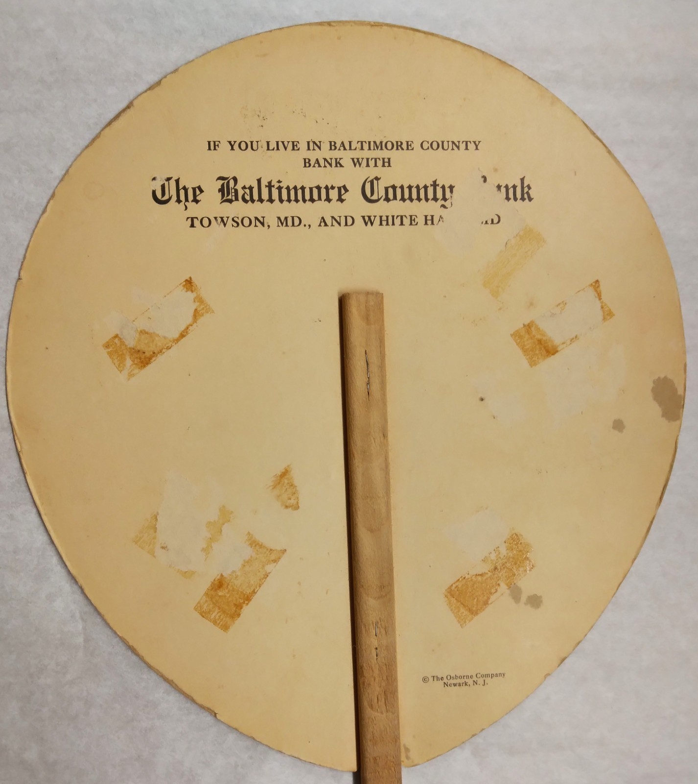 c1926 The Baltimore County Bank advertising hand fan, used