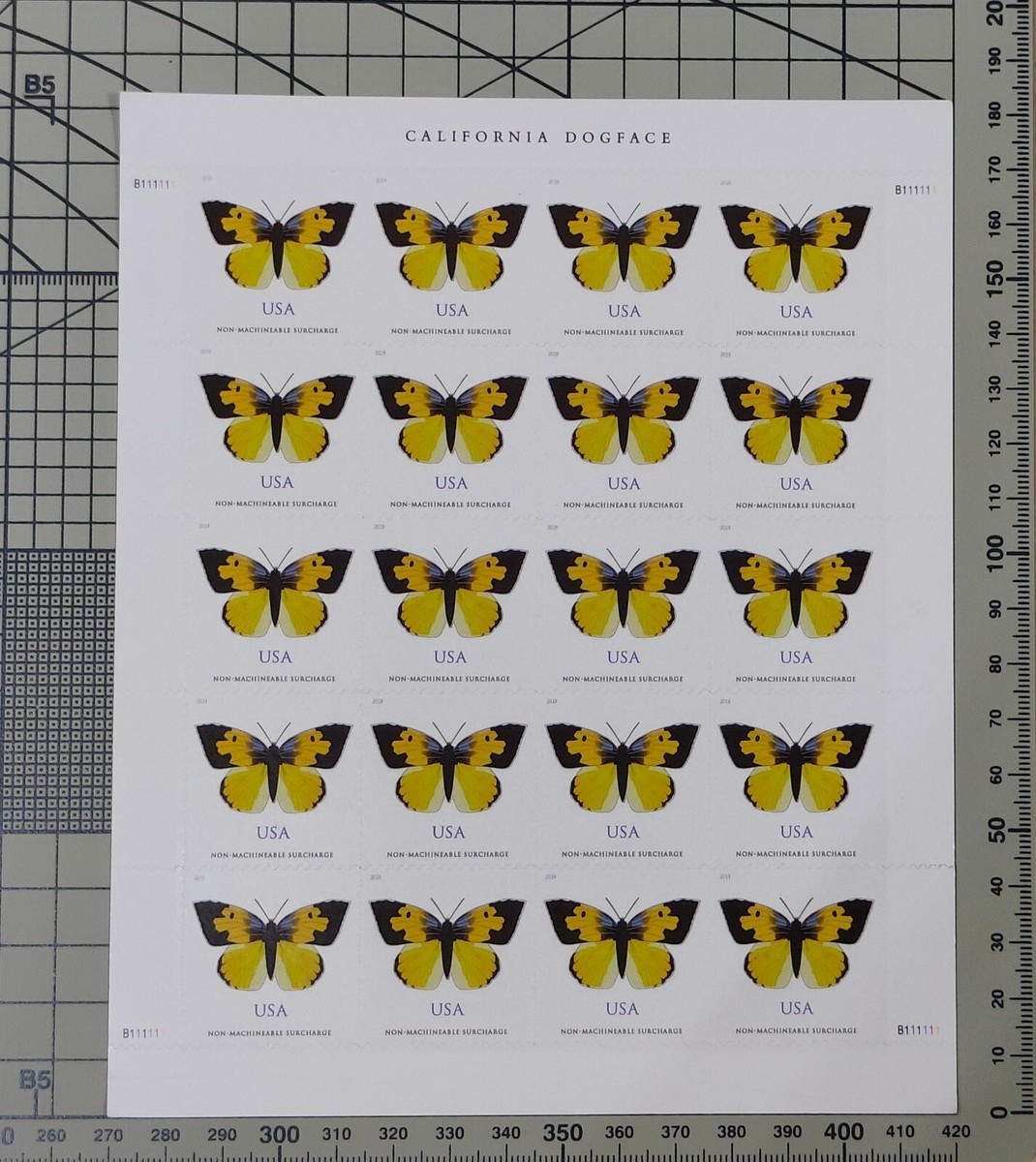 USPS Postage Stamps Sheet of 20 Non Machinable YLLW California Dogface Butterfly