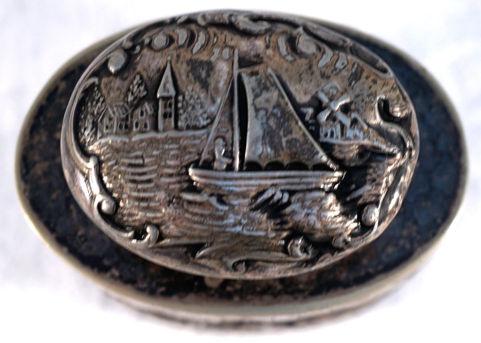 Silver Over Copper Repousse Lidded Jar Scenery of People - Sailboat on Lid