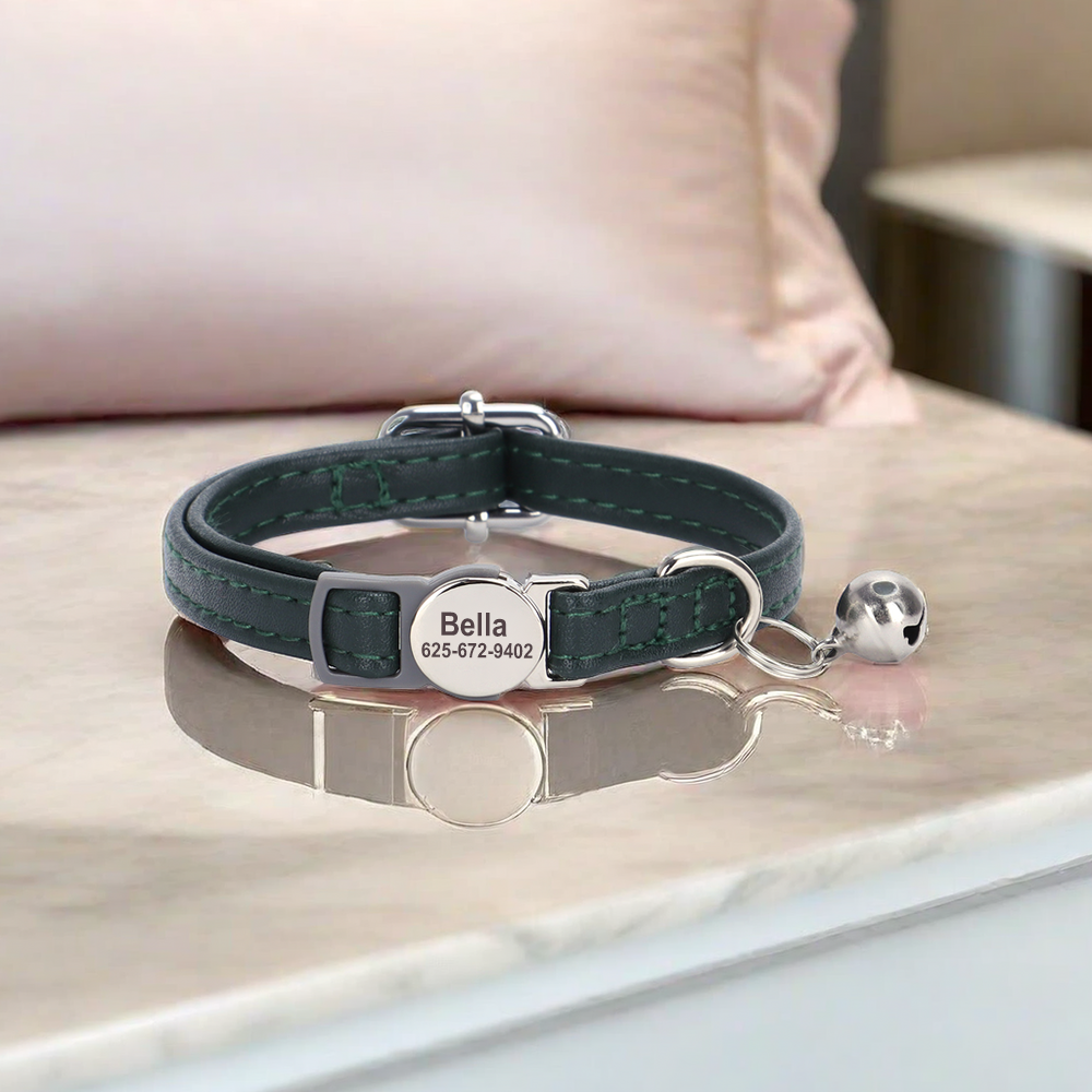 Personalized Cat Collar Puppy Kitten Engraved Name Tag Soft Leather Adjustable