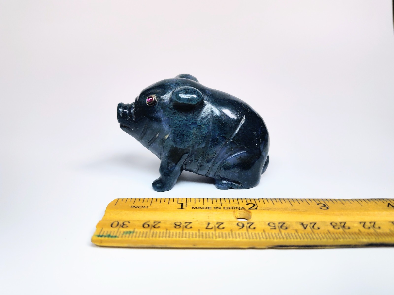 Antique 1920s Hand-Carved Blue-Green Aventurine Pig with Bezel-Set Garnet Eyes