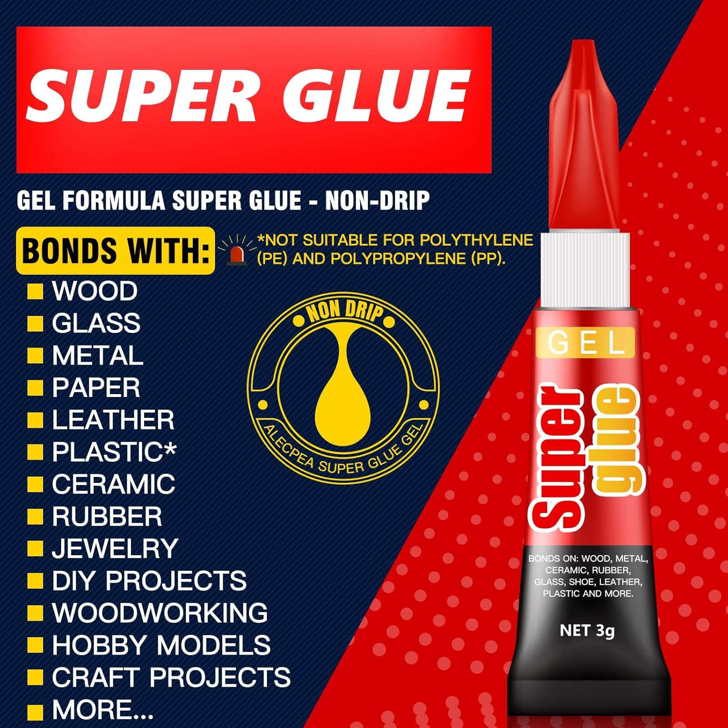 3 Gram (Pack of 12) Single Use Super Glue Gel, Super Fast, Thick & Strong Adhes