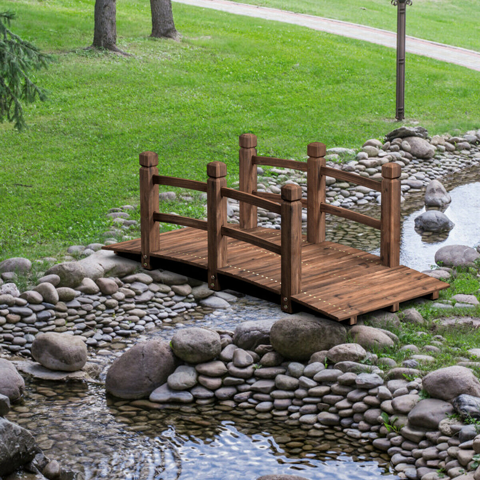 5Ft Garden Wooden Bridge Decoration Backyard Pond w/ Safety Rails Brown