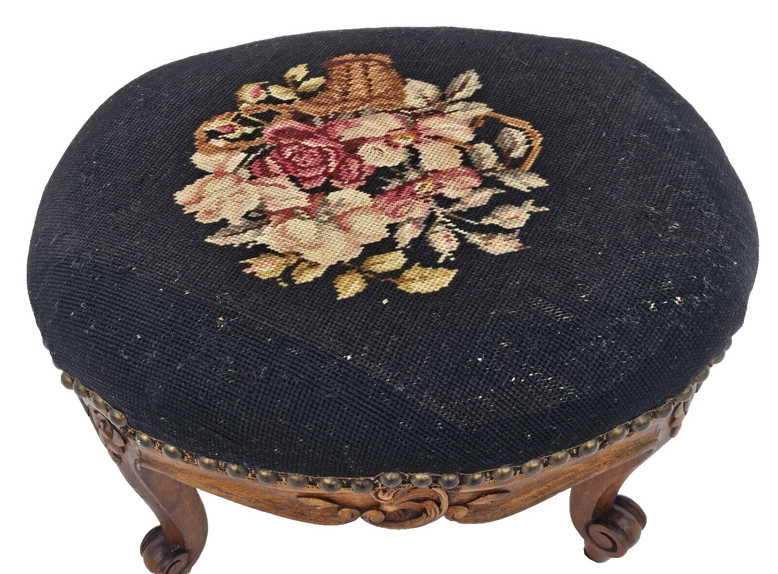 Antique 1930s French Louis XV Footstool – Carved Wood Cabriole Legs Needlepoint