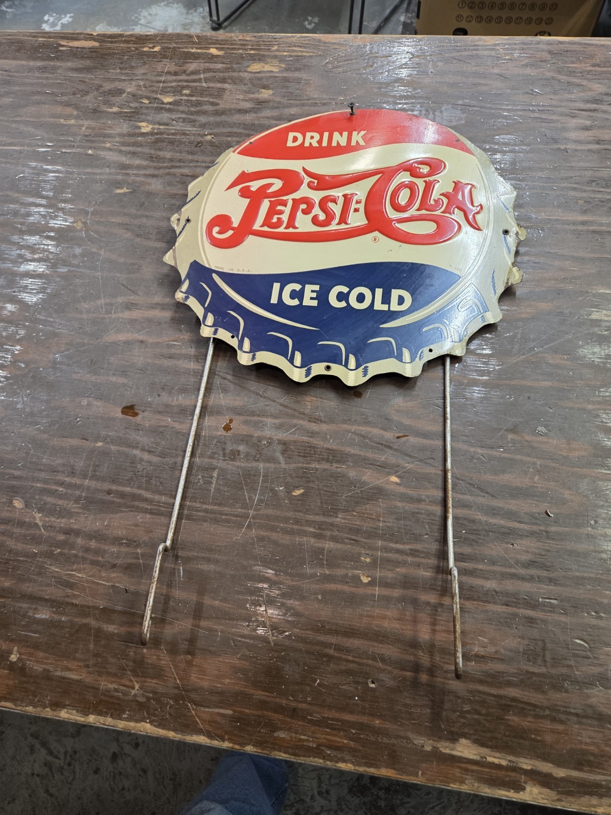 1940’s Embossed Double Dot Pepsi Cola Bottle Cap Sign Rack Topper