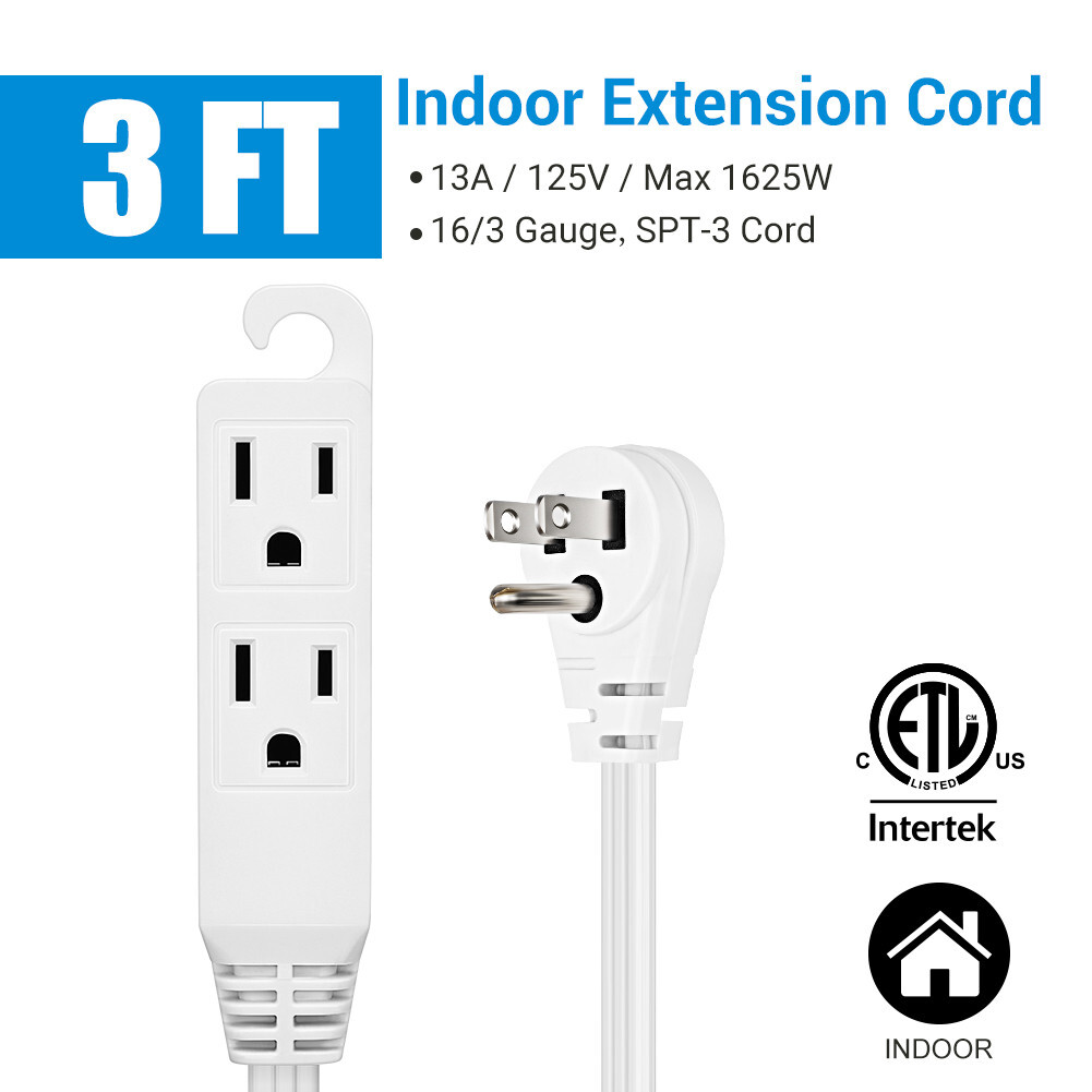 DEWENWILS 2 Pack 3 ft Extension Cord with Flat Plug 3 Grounded Outlets 16/3 Awg