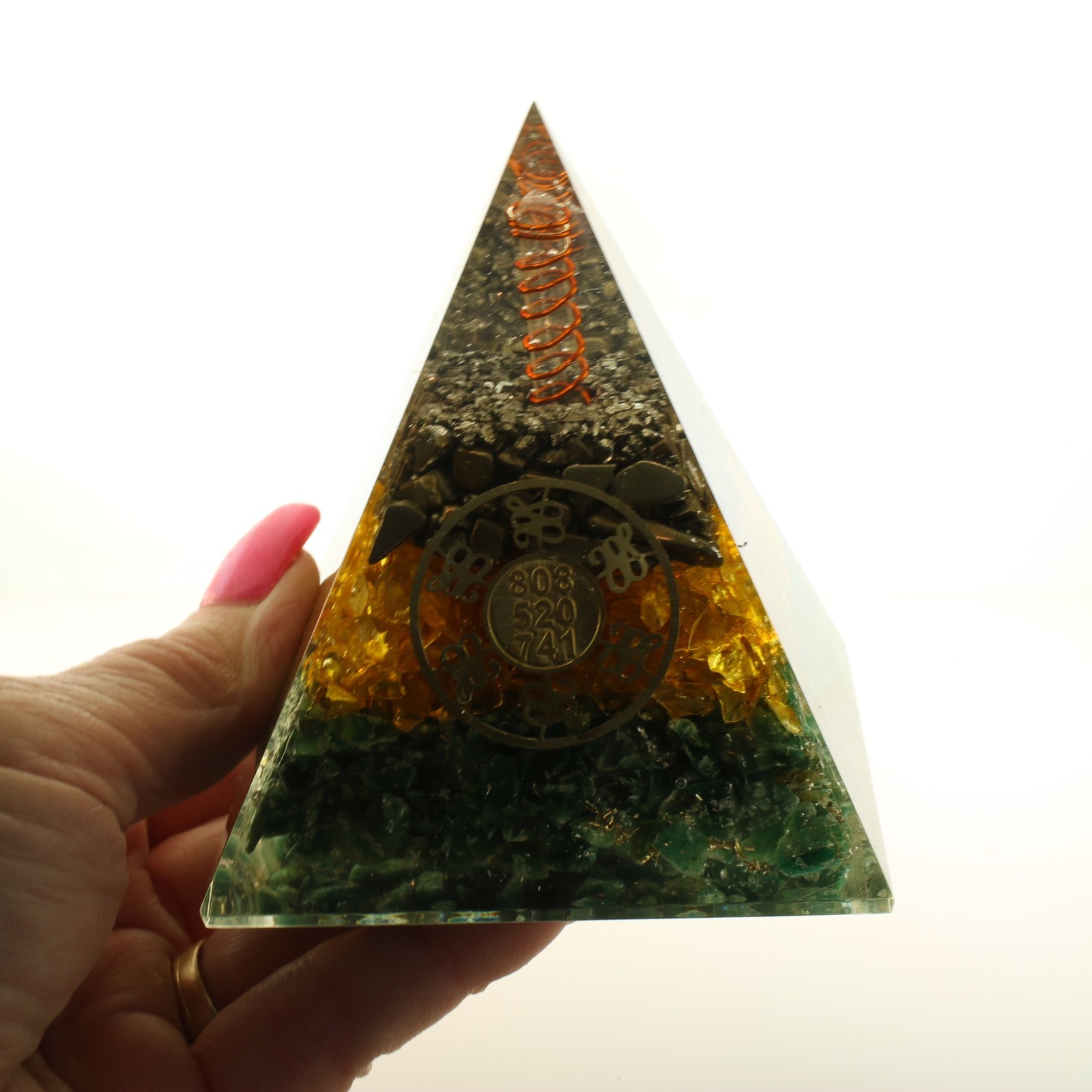 Pyrite Citrine, Aventurine Orgone Manifesting Pyramid 4in Tall EMF & 5G
