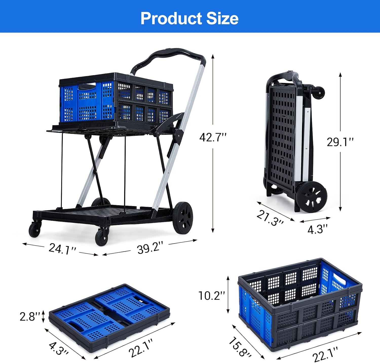 Collapsible Shopping Cart with Wheels & Removable Storage Crate for Supermarket