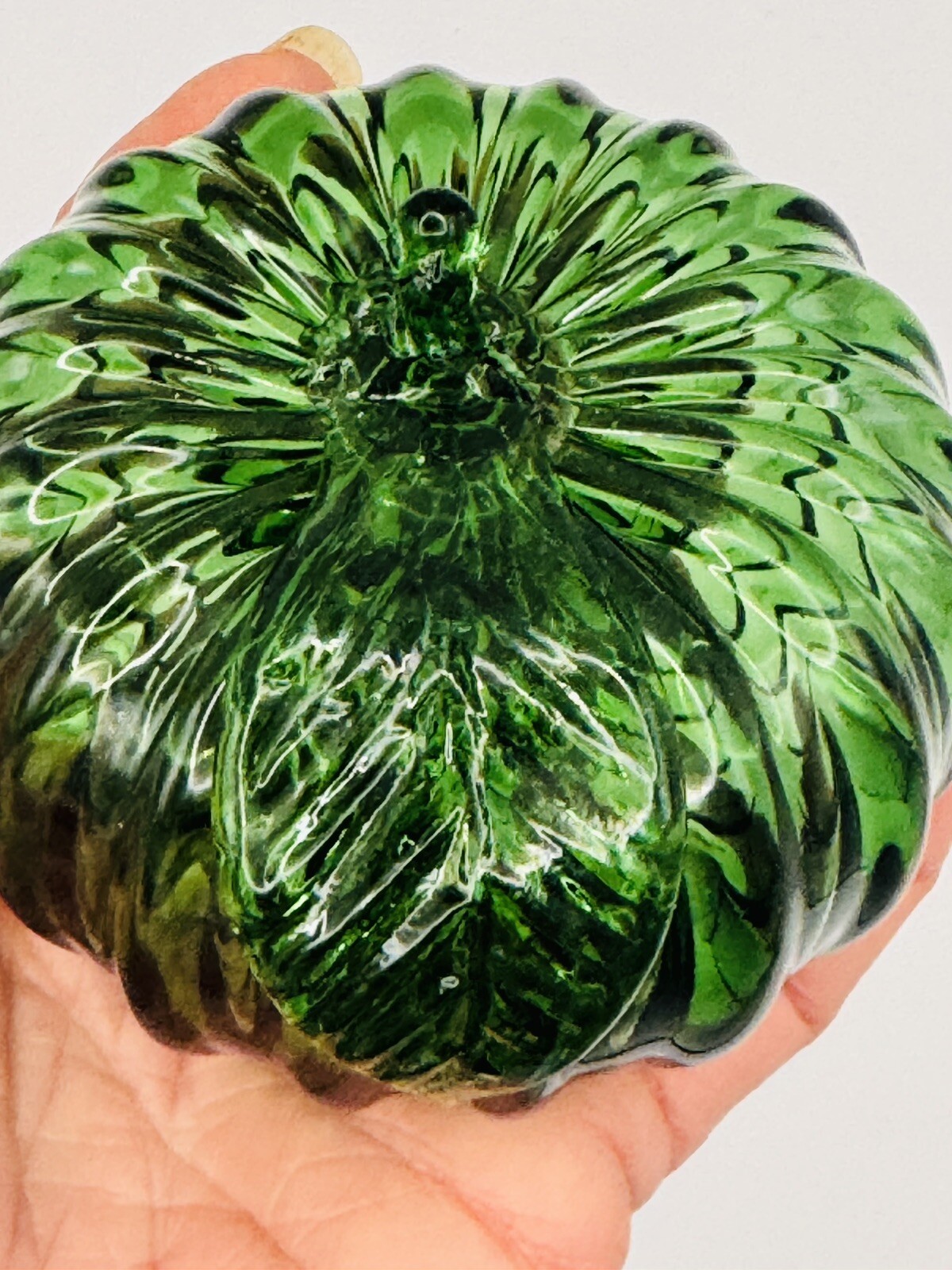 Vintage Hand-Blown Glass Green Apple/Pumpkin Paperweight Home Decor