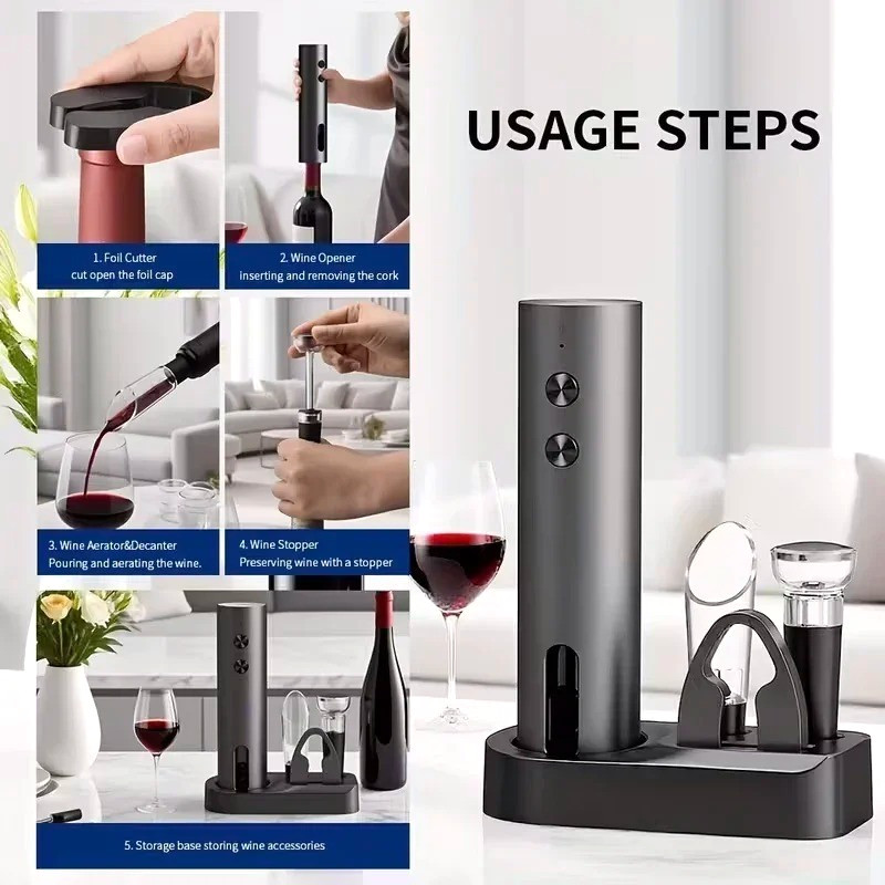 Electric Wine Bottle Opener Set Rechargeable Automatic w/ Charging Base Gift