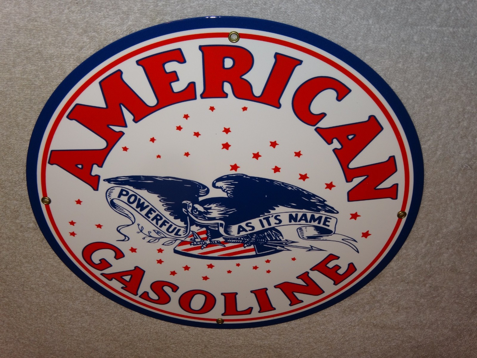 VINTAGE AMERICAN GASOLINE POWERFUL EAGLE 11 3/4" PORCELAIN METAL GAS & OIL SIGN