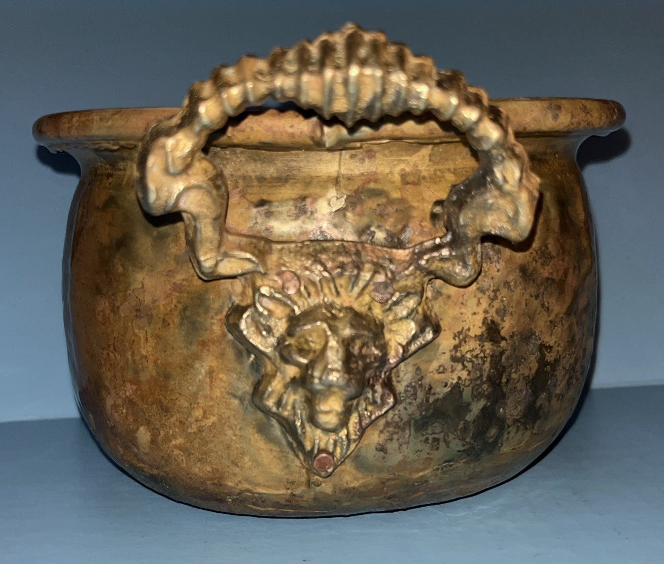 ANTIQUE Brass Planter with Lion Head Handles Round Flower Pot BEAUTIFUL