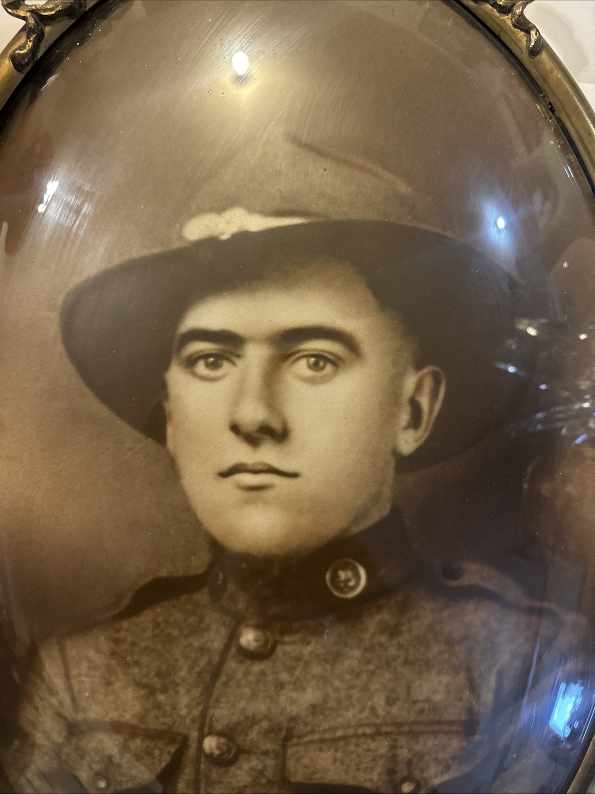 World War I WWI US ARMY SOLDIER In Bubble Glass Frame 20 Inches X 14.5 Inches