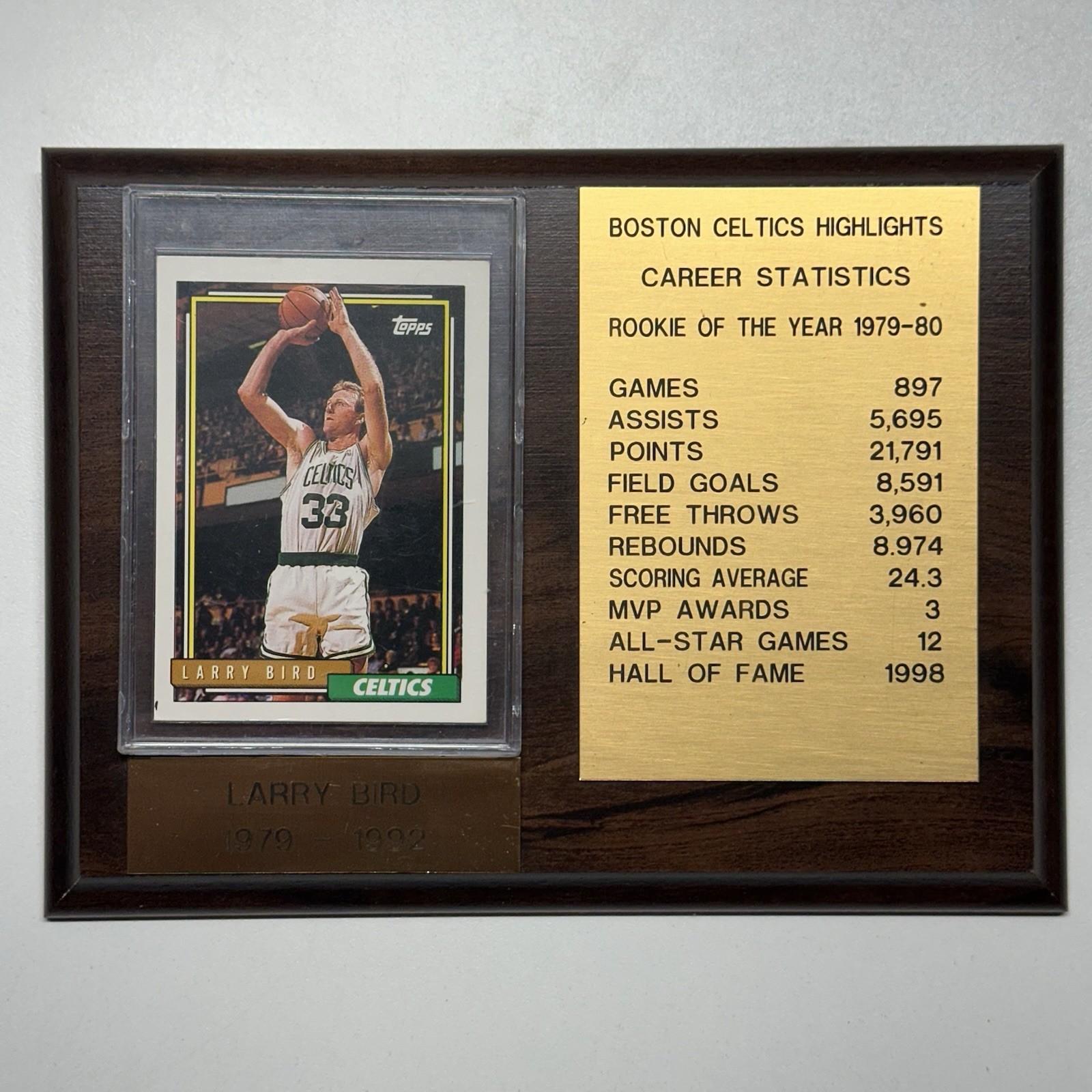 Topps 1992 Larry Bird # 1 Inside Rookie Of The Year Wall Plaque With Stats