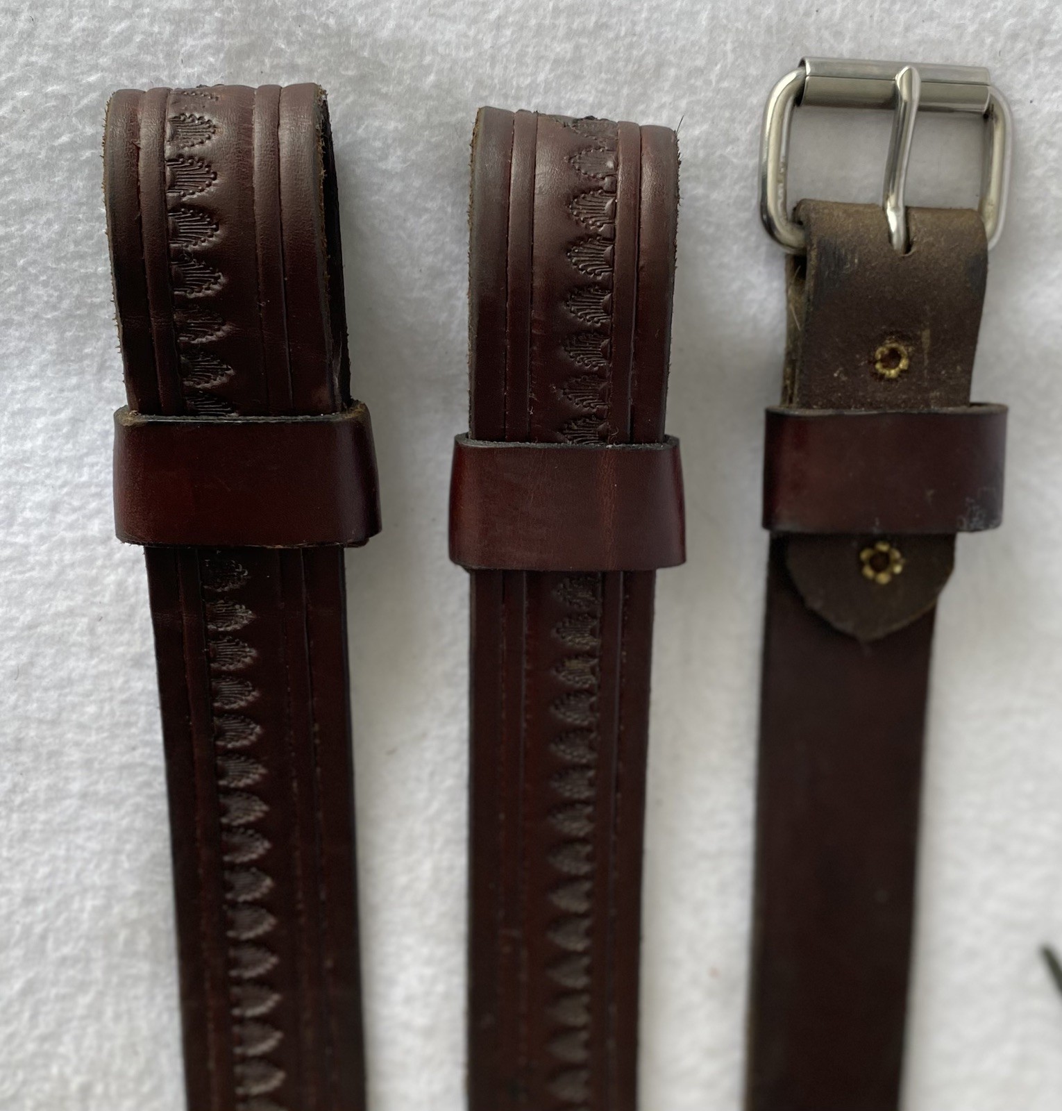 CIRCLE Y Shell TOOLED Walnut Leather Back Flank Cinch & Billet SET~LIGHTLY USED