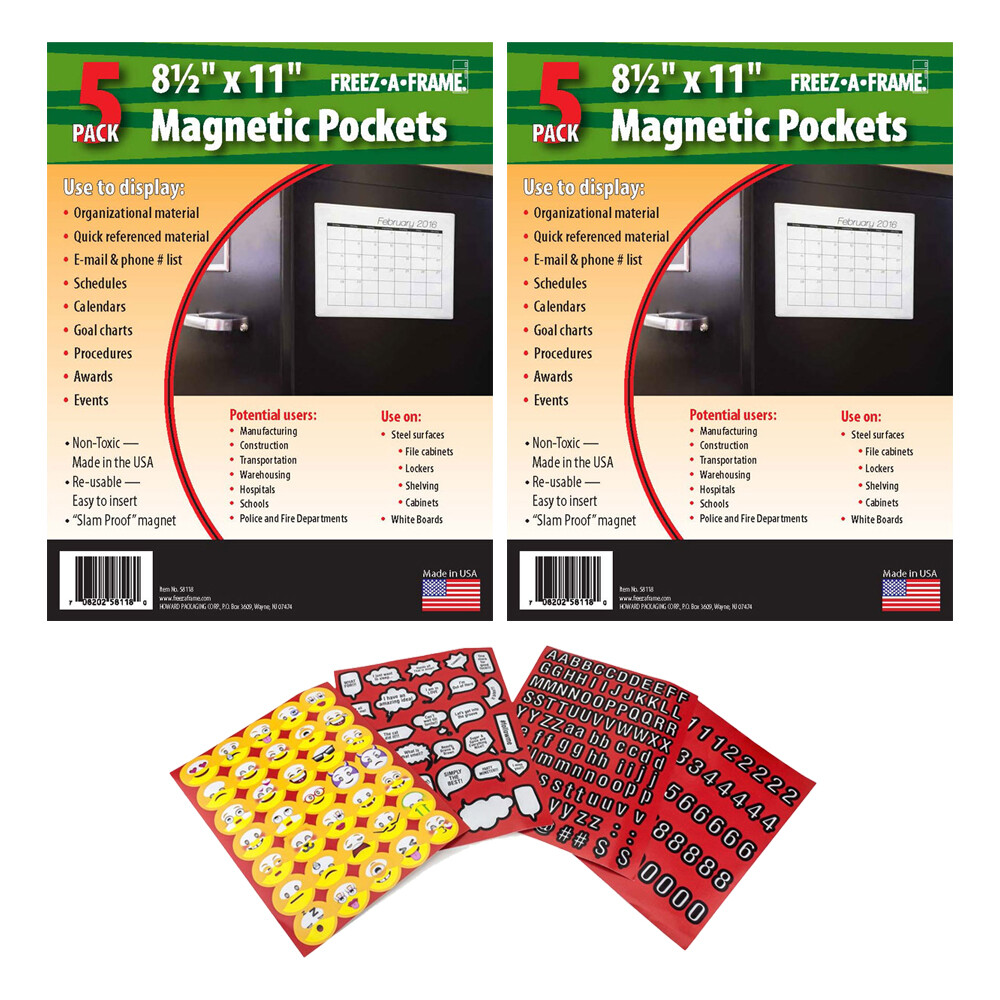 Pack of 10 Freez A Frame Clear Magnetic Pockets (8.5 x 11) + Stickers