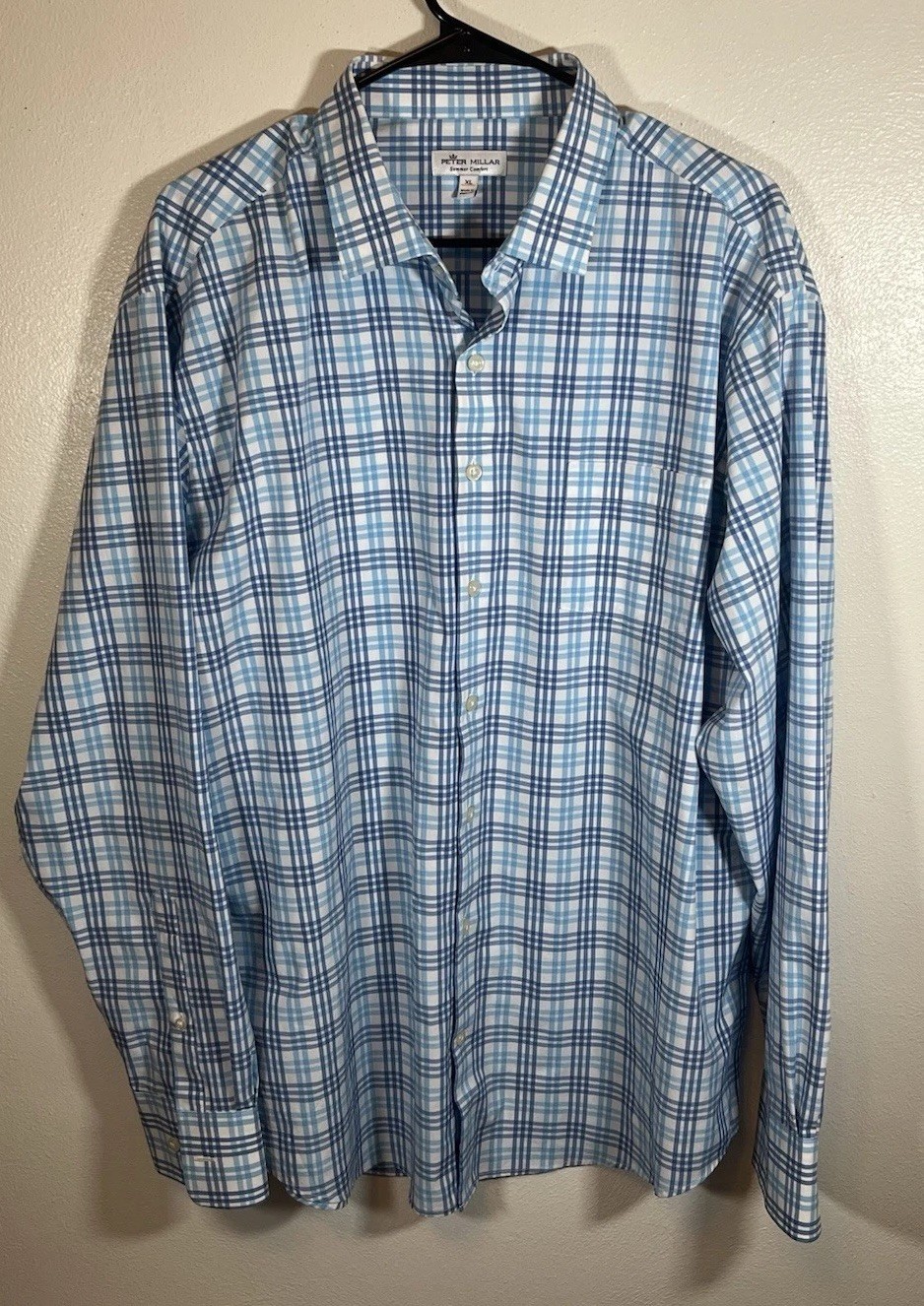 Peter Millar Men’s Button Down Shirt Size XL White Checkered Blue