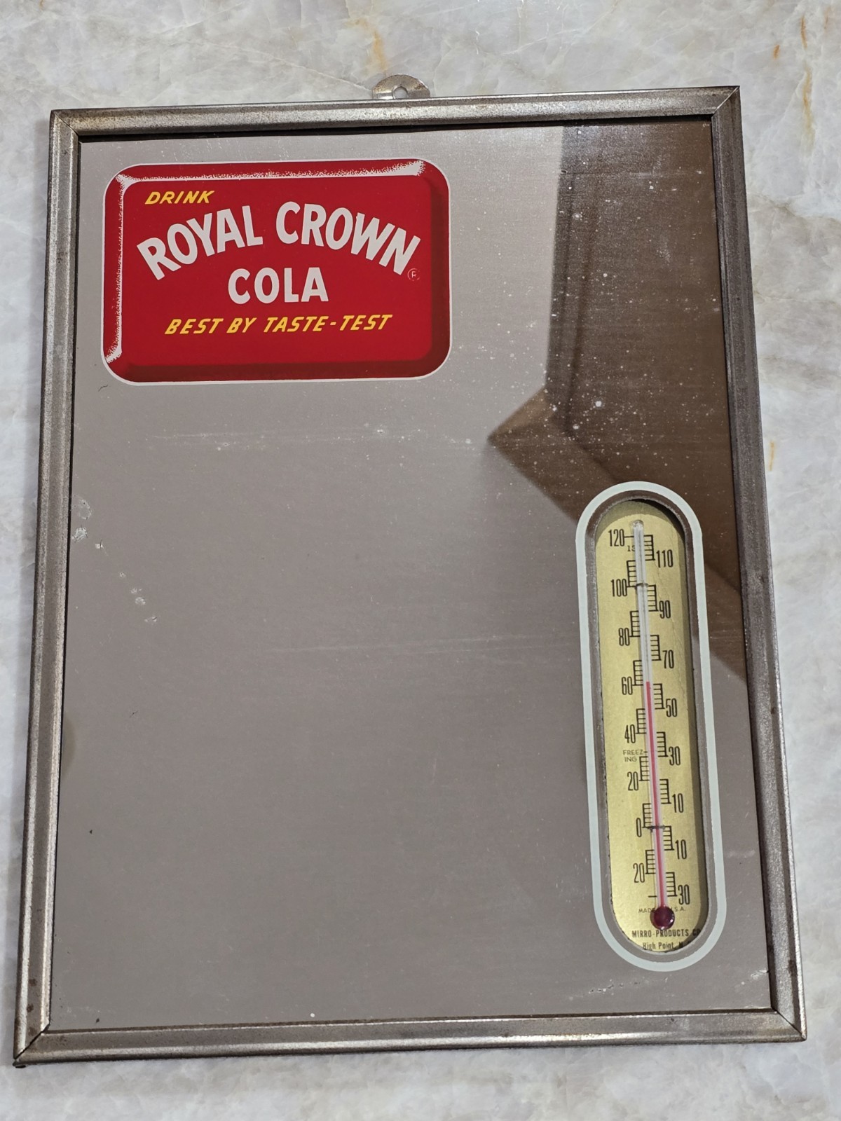 Vintage 1940's Royal Crown Cola Mirror with Thermometer - Original