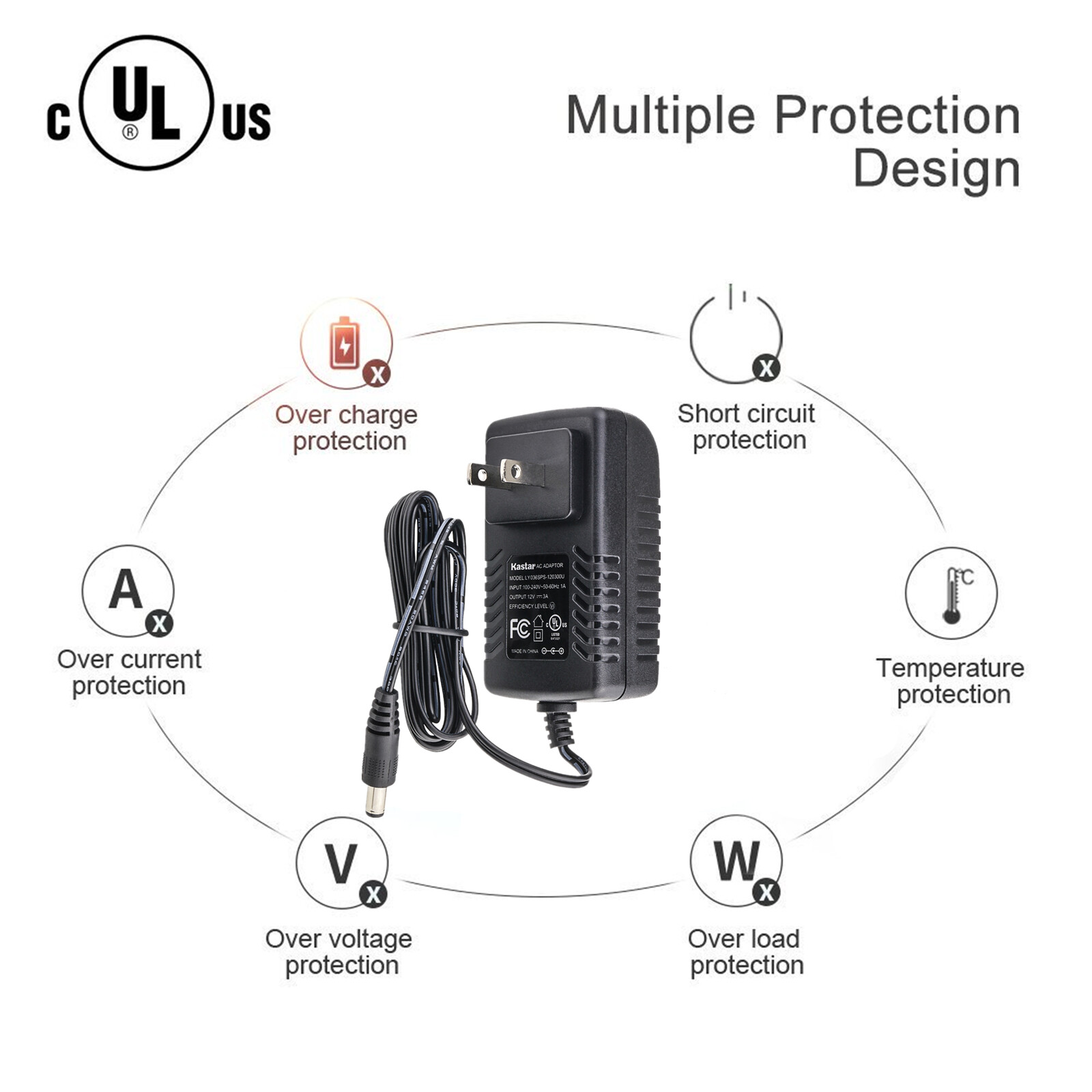 Kastar UL Listed 12V 3A 36W DC Power Supply Adapter Transformer LED Strip Camera