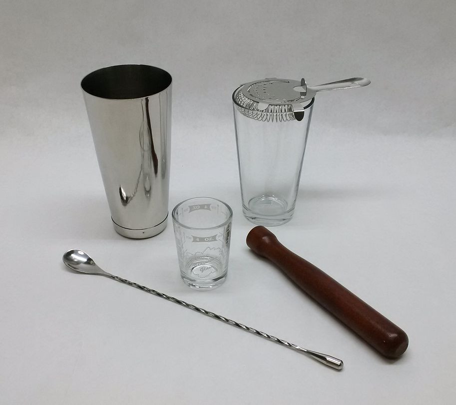 6 pc BOSTON SHAKER SET Teardrop Spoon Strainer Measuring Glass Muddler Bar Kit