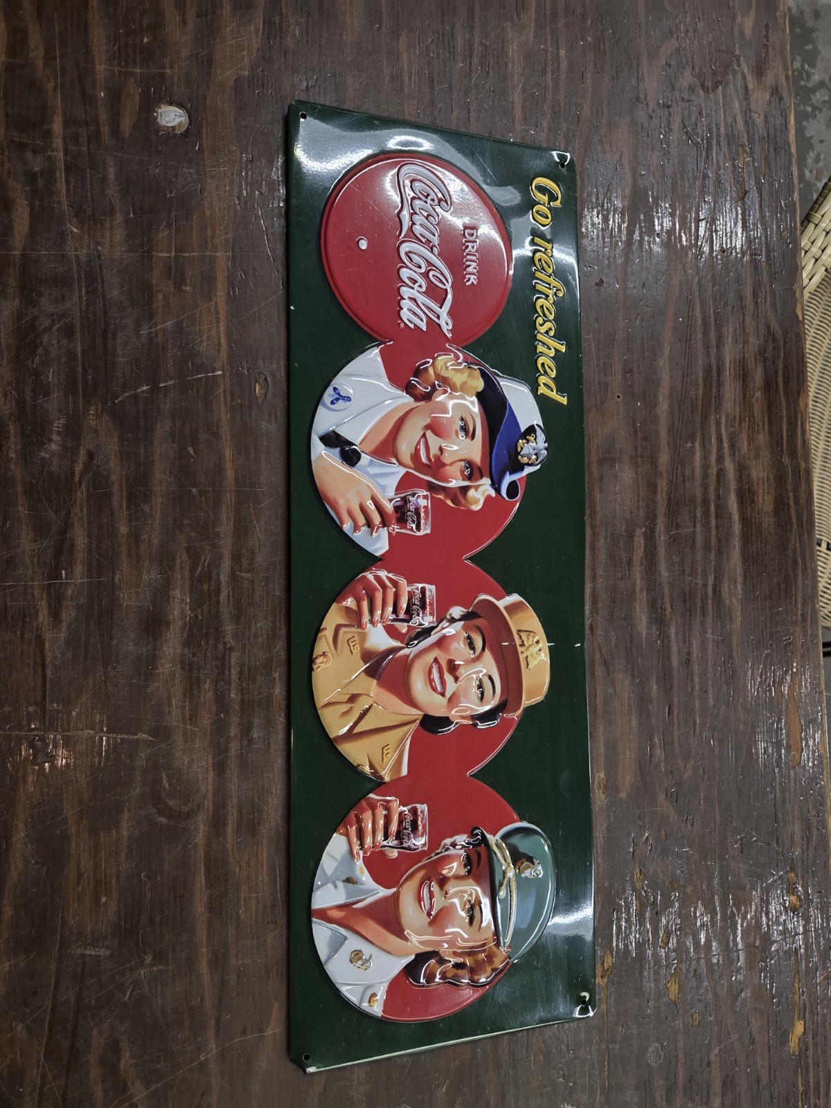 Coca-Cola Military Beauties Andy Rooney 3D Embossed Tin Sign Dark Green EUC