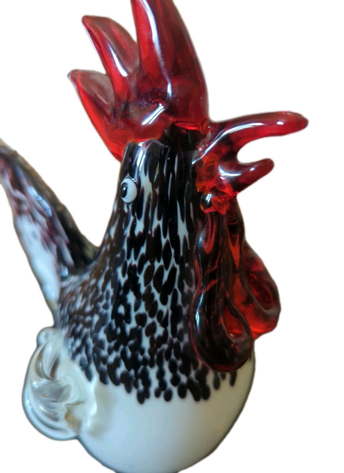 Black White Red Art Glass Heavy Rooster Bird Figurine Farm Decor Paperweight