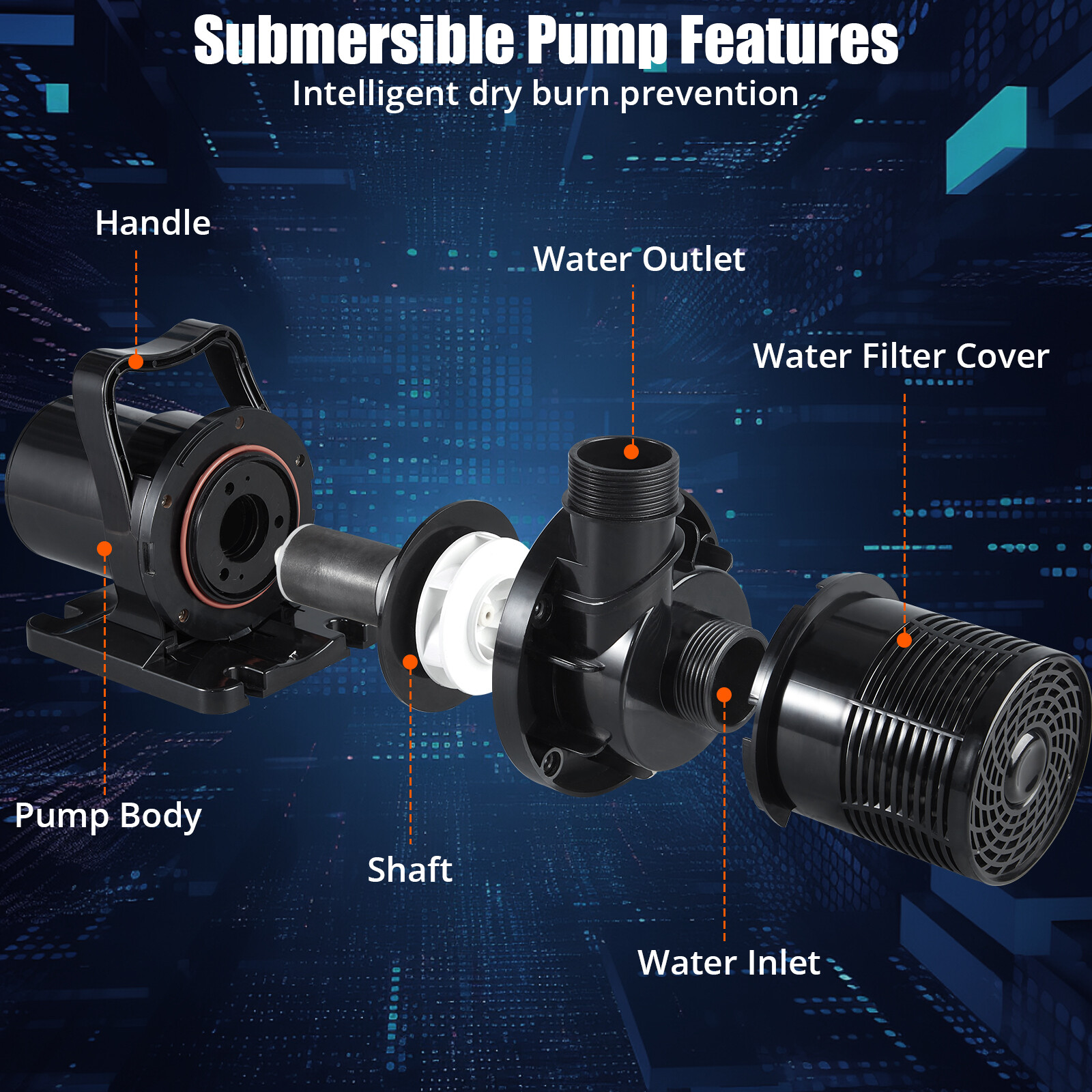 4755GPH Submersible Water Pump 170W Pond Pump with 33FT Lift Height for Aquarium