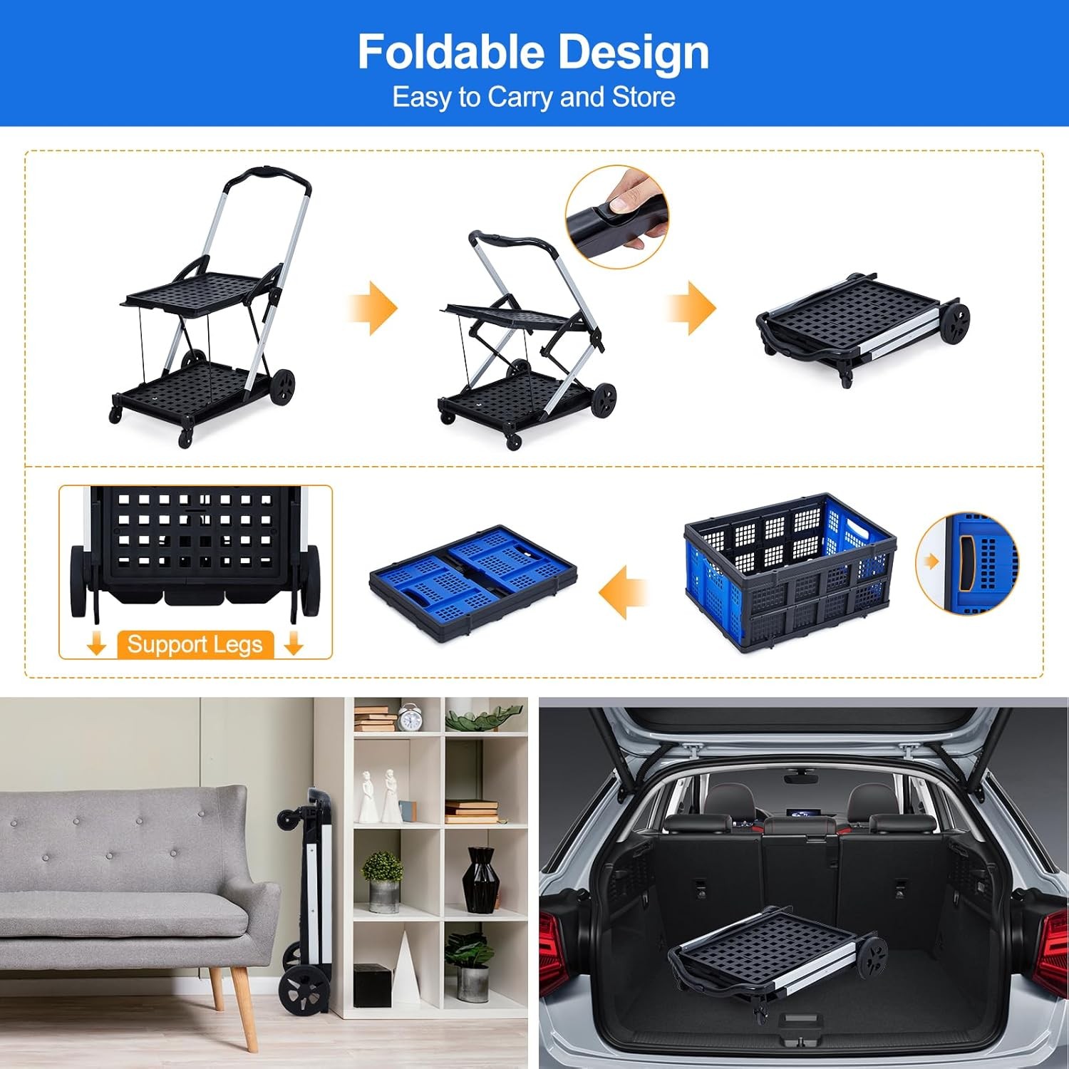 Collapsible Shopping Cart with Wheels & Removable Storage Crate for Supermarket