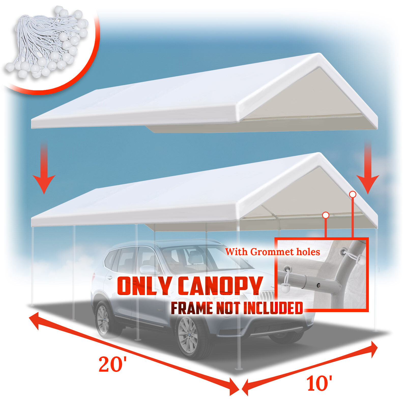 10x20' Carport Replacement Canopy Garage Top Cover Only with Bungees Ball & Edge