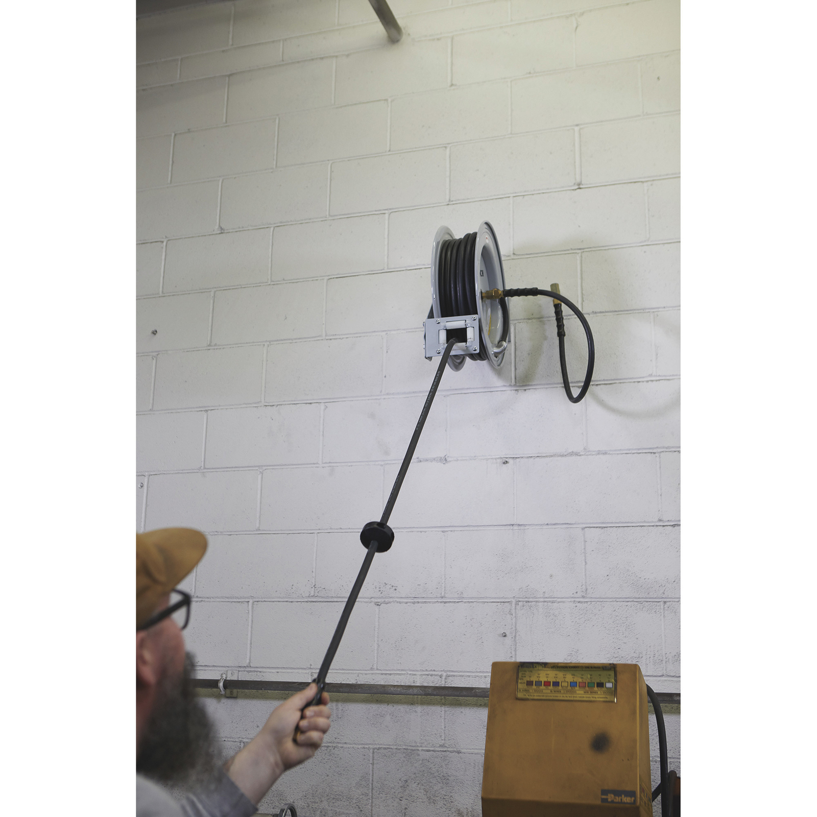 Klutch Auto Rewind Air Hose Reel with 1/2in. x 50ft. Rubber Hose, 300 PSI